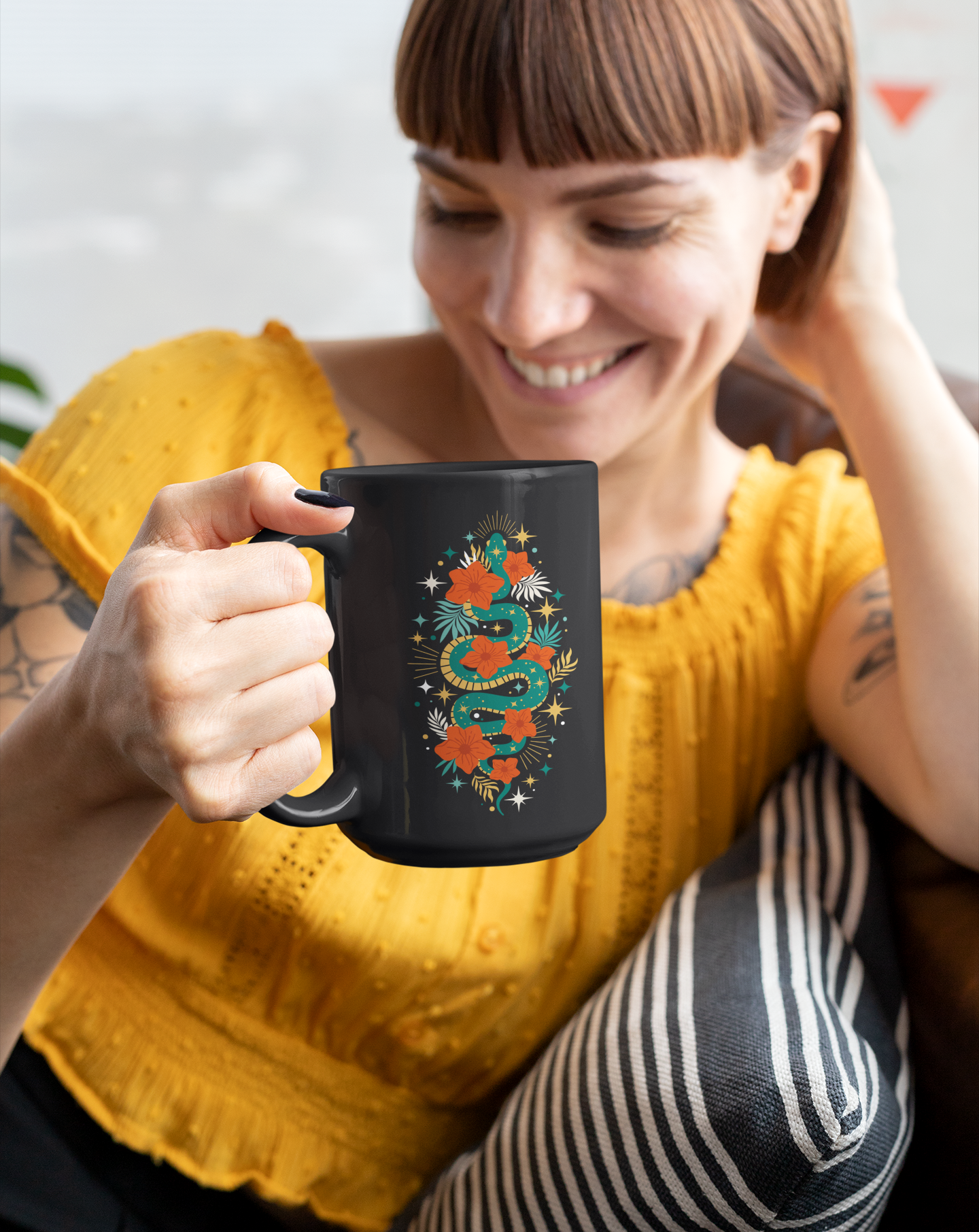 Mystic Jade Snake Black Mug, Boho 15oz Ceramic Coffee Cup, Unique Serpent Design, Gift for Coffee Lovers, Halloween, Occult Mugs