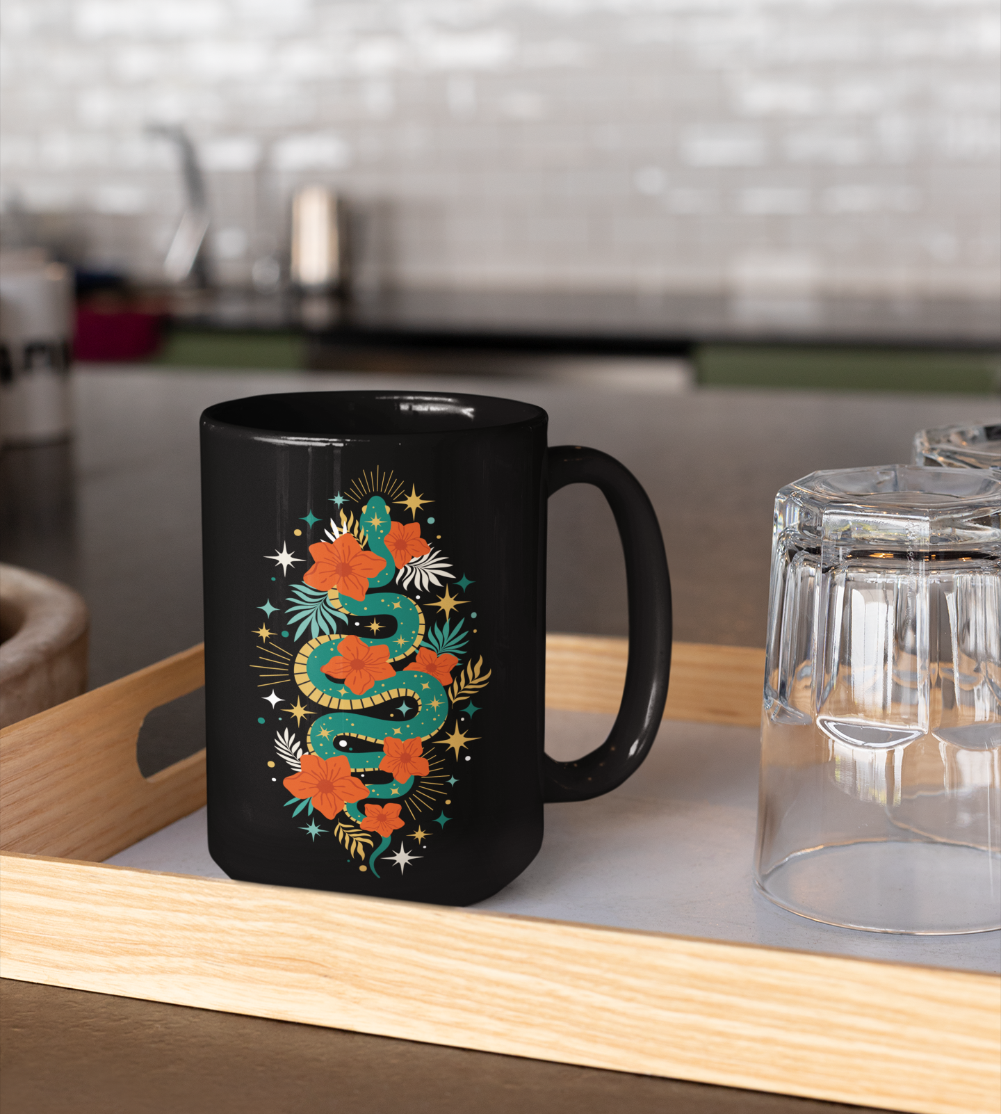 Mystic Jade Snake Black Mug, Boho 15oz Ceramic Coffee Cup, Unique Serpent Design, Gift for Coffee Lovers, Halloween, Occult Mugs