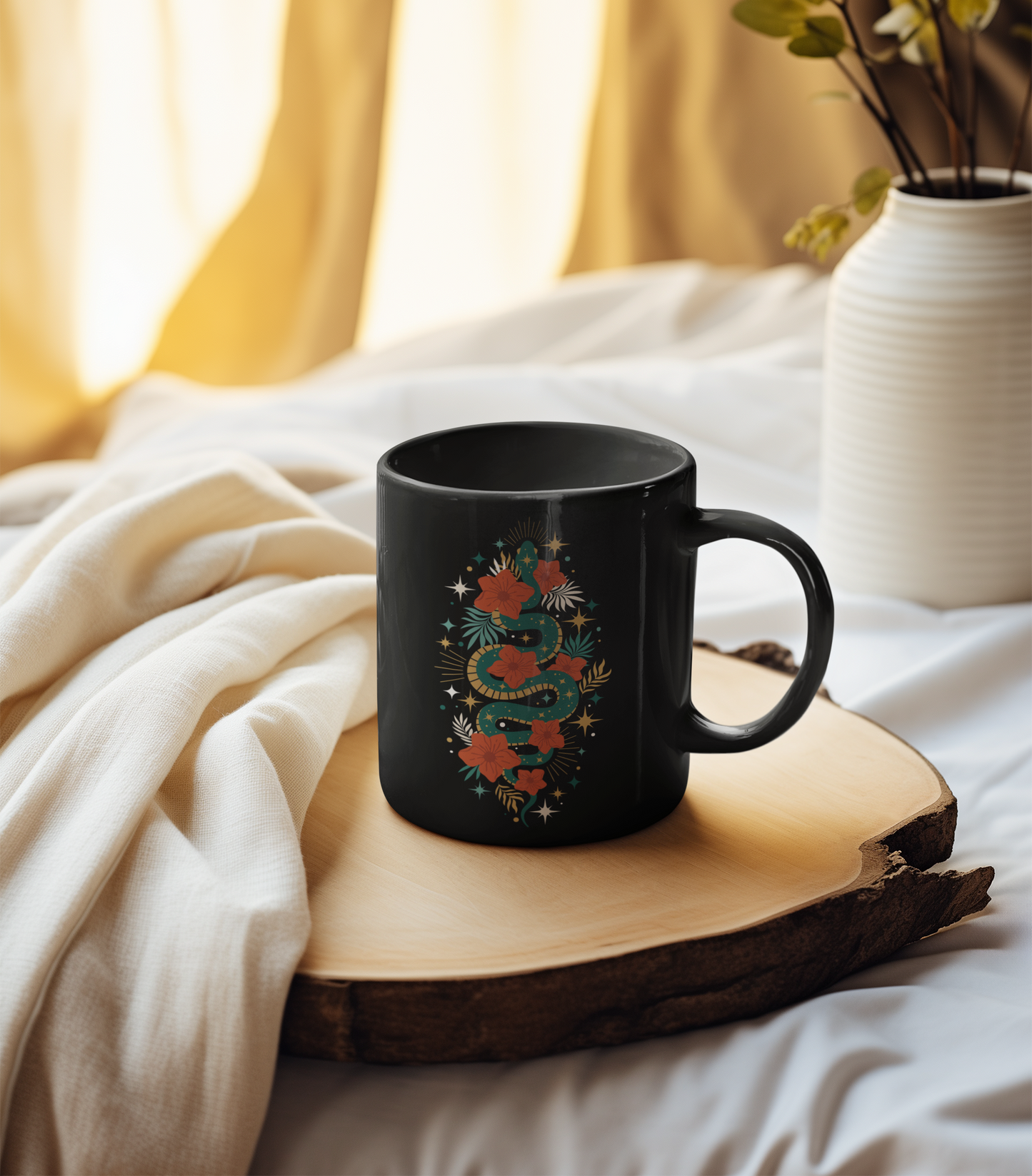 Mystic Jade Snake Black Mug, Boho 15oz Ceramic Coffee Cup, Unique Serpent Design, Gift for Coffee Lovers, Halloween, Occult Mugs