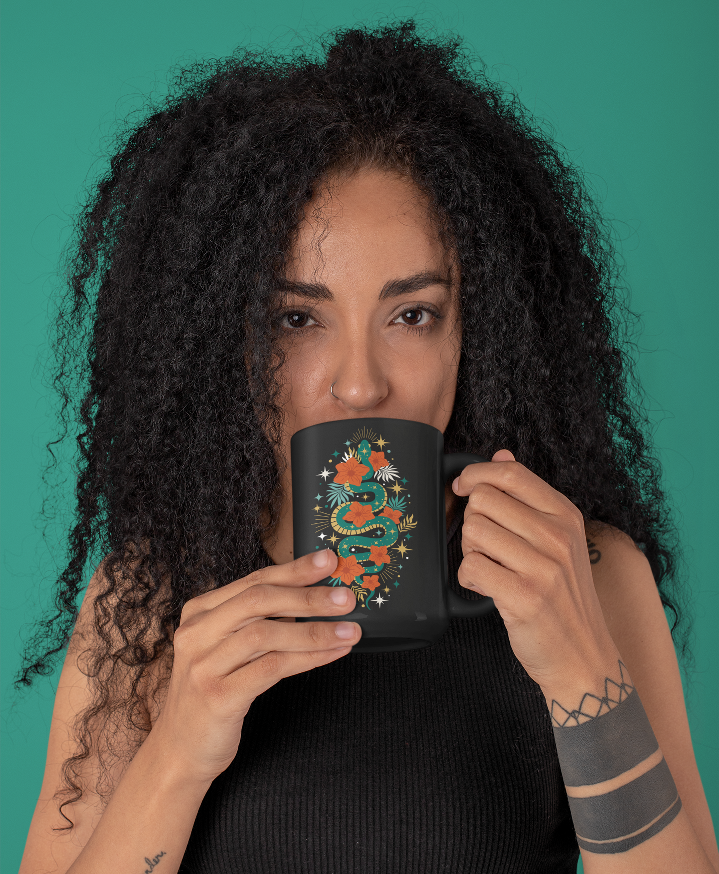 Mystic Jade Snake Black Mug, Boho 15oz Ceramic Coffee Cup, Unique Serpent Design, Gift for Coffee Lovers, Halloween, Occult Mugs