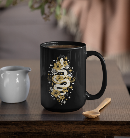 Mystic Golden Snake Black Mug, Boho Ceramic Coffee Cup, Unique Serpent Design, Coffee Mugs 11oz or 15oz Size