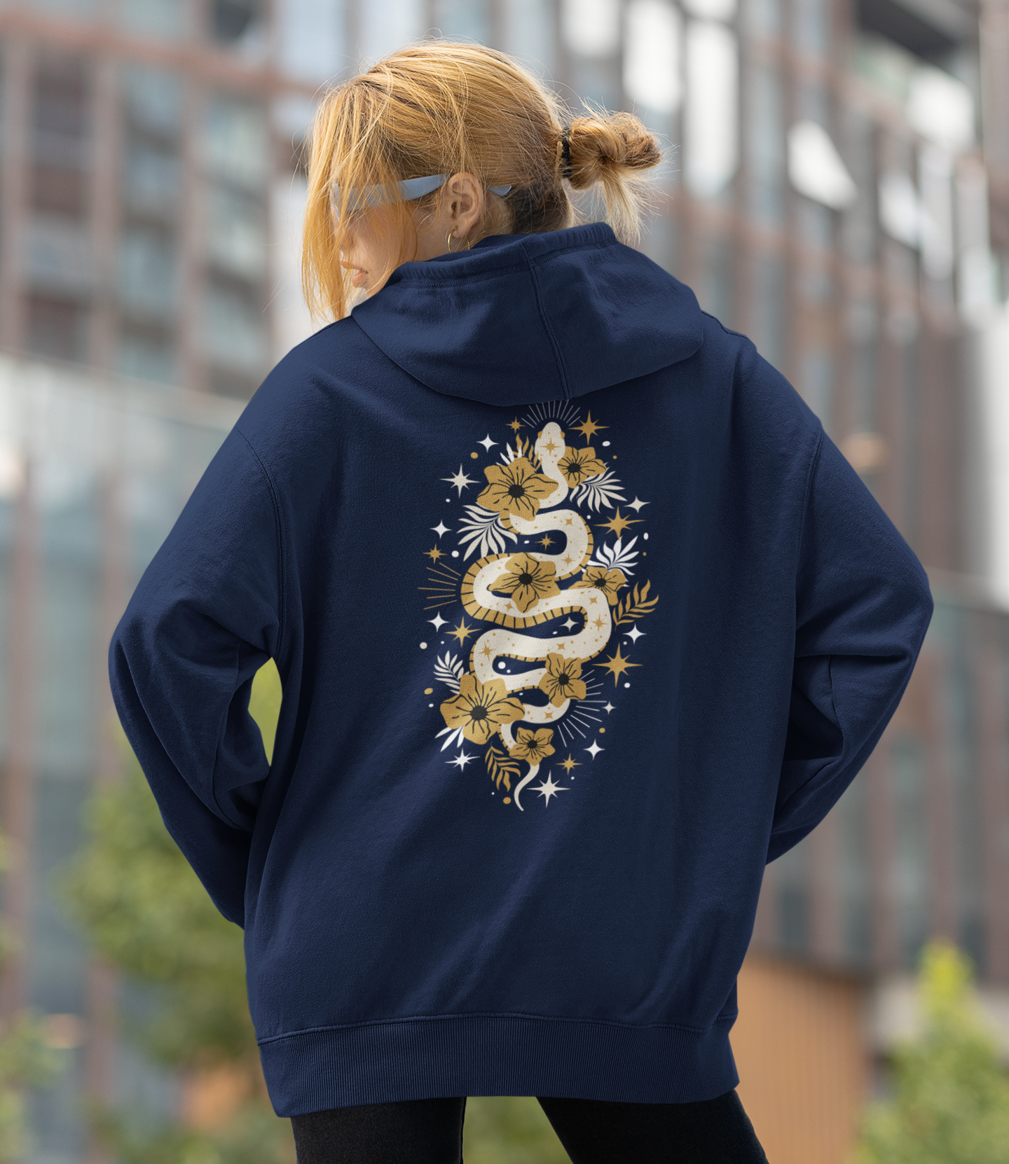 Mystic Gold Snake Black Zip Up Hoodie - Full Zip Hooded Sweatshirt Jacket, Boho Floral Serpent Design Zipper Hoodies Mens Womens Sweatshirts