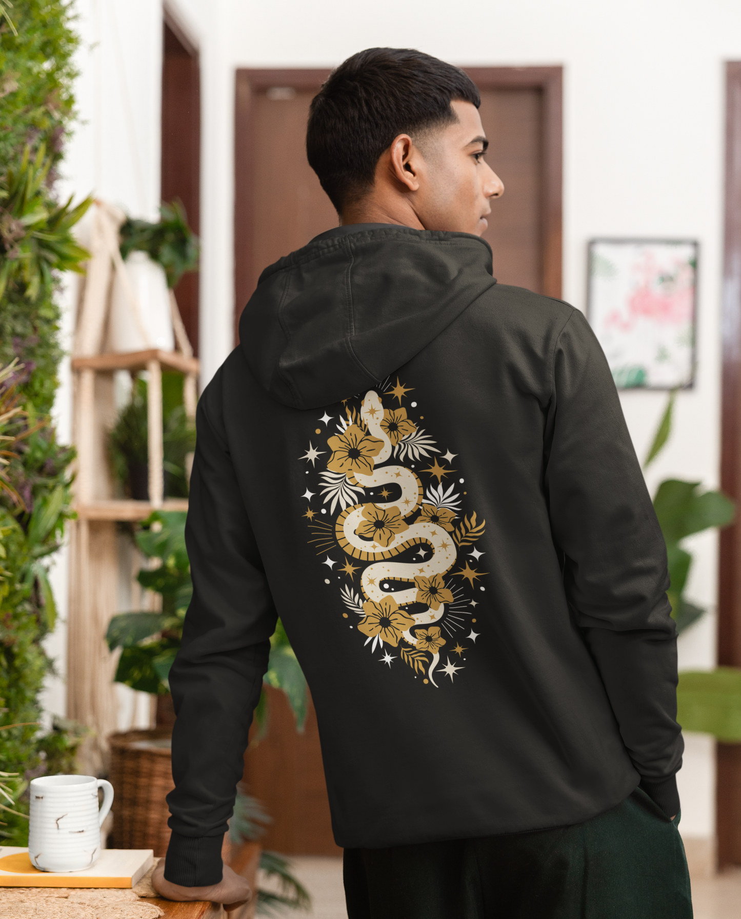 Mystic Gold Snake Black Zip Up Hoodie - Full Zip Hooded Sweatshirt Jacket, Boho Floral Serpent Design Zipper Hoodies Mens Womens Sweatshirts