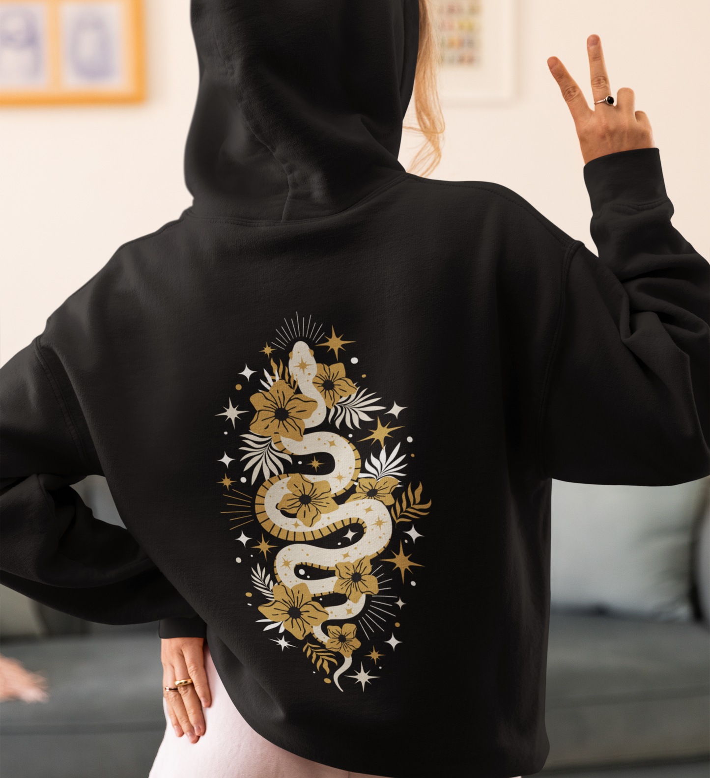 Mystic Gold Snake Black Zip Up Hoodie - Full Zip Hooded Sweatshirt Jacket, Boho Floral Serpent Design Zipper Hoodies Mens Womens Sweatshirts