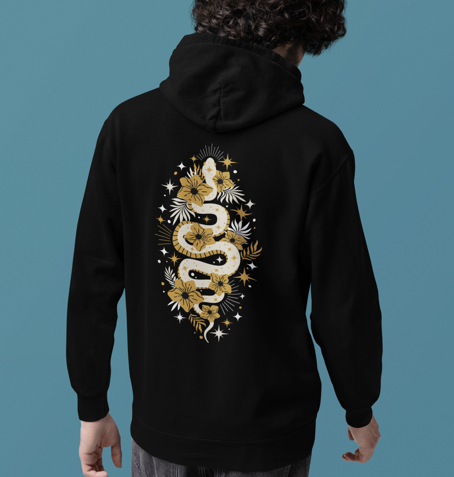 Mystic Gold Snake Black Zip Up Hoodie - Full Zip Hooded Sweatshirt Jacket, Boho Floral Serpent Design Zipper Hoodies Mens Womens Sweatshirts