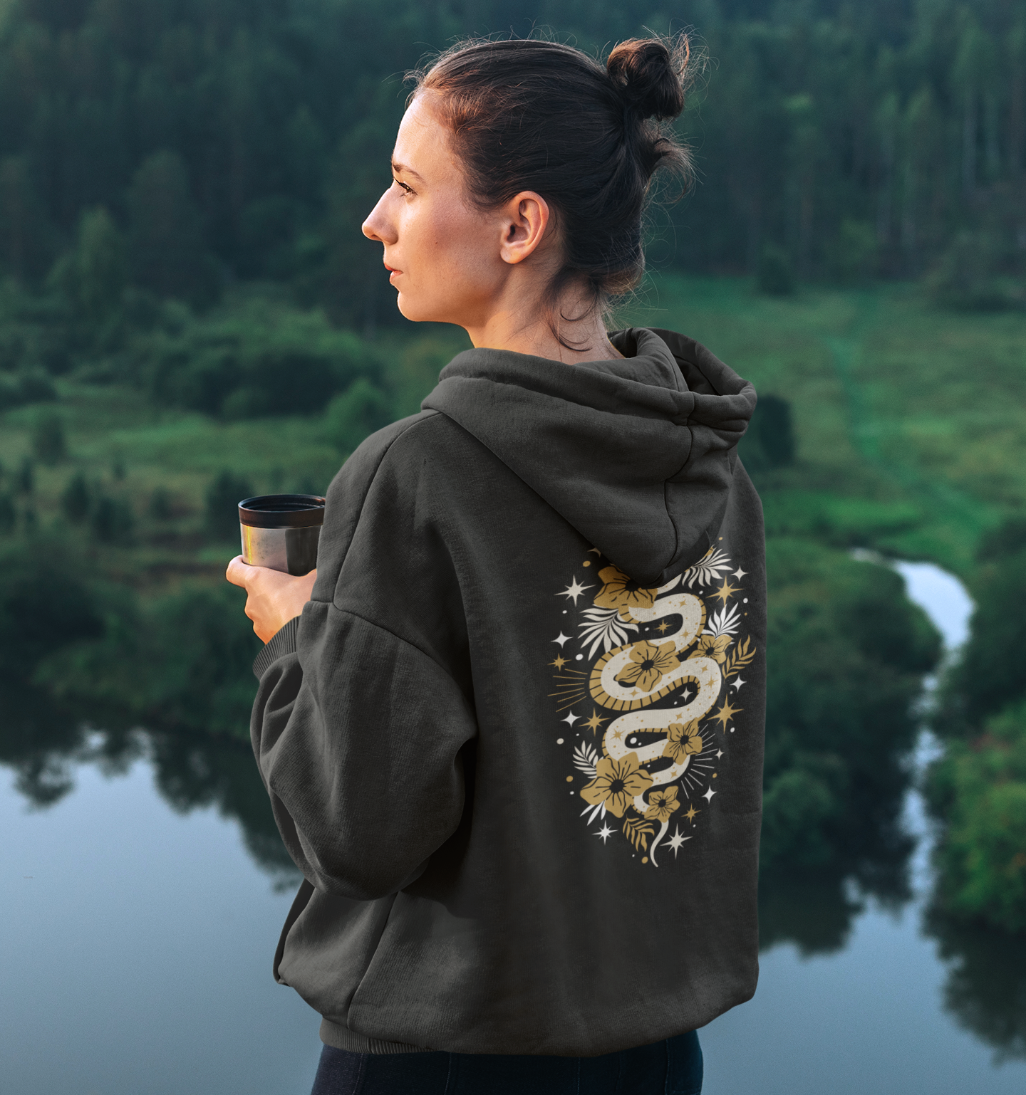 Mystic Gold Snake Black Zip Up Hoodie - Full Zip Hooded Sweatshirt Jacket, Boho Floral Serpent Design Zipper Hoodies Mens Womens Sweatshirts