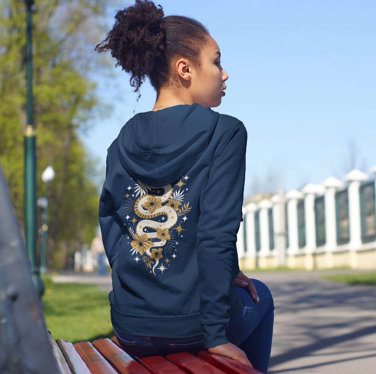 Mystic Gold Snake Black Zip Up Hoodie - Full Zip Hooded Sweatshirt Jacket, Boho Floral Serpent Design Zipper Hoodies Mens Womens Sweatshirts