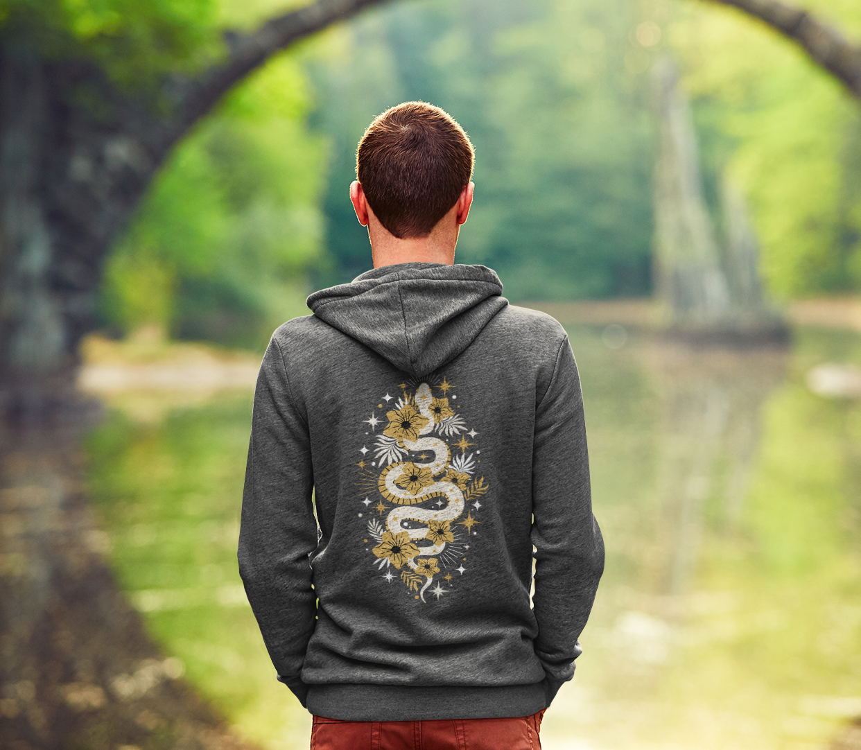Mystic Gold Snake Black Zip Up Hoodie - Full Zip Hooded Sweatshirt Jacket, Boho Floral Serpent Design Zipper Hoodies Mens Womens Sweatshirts