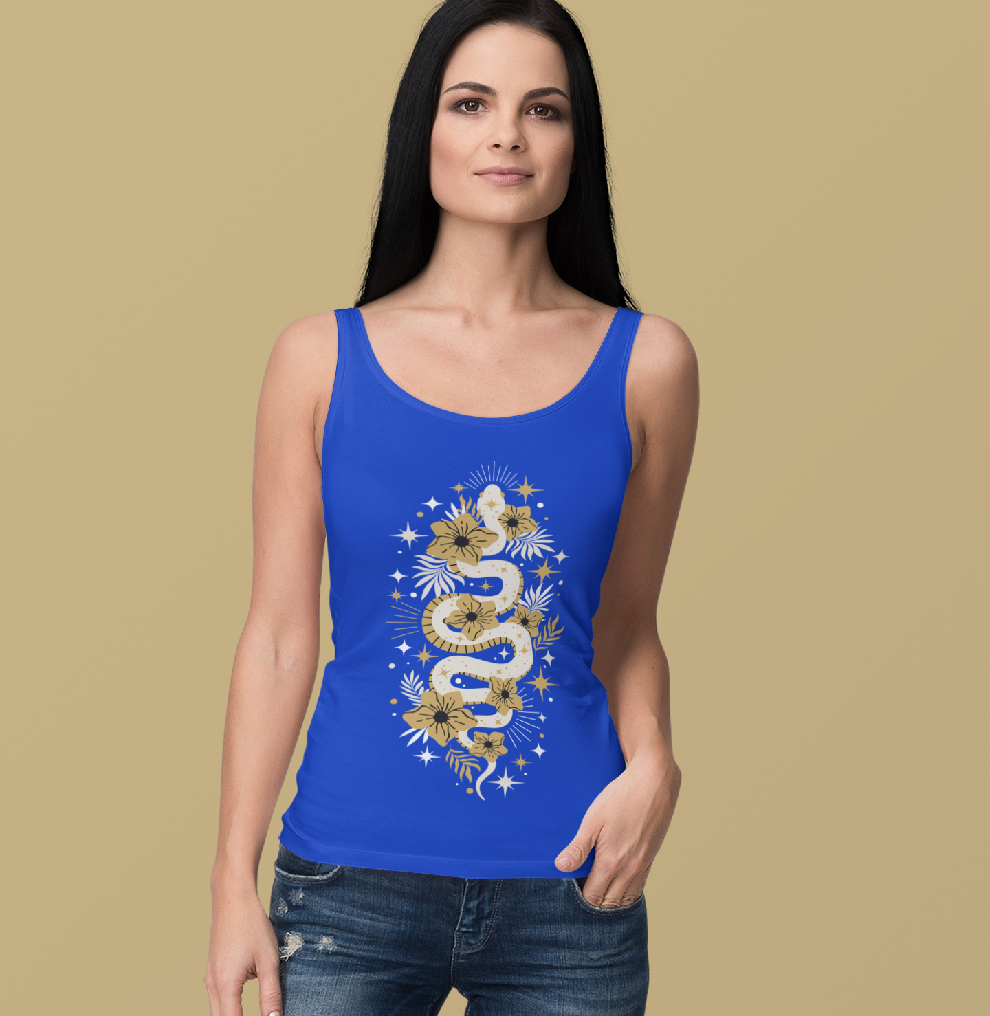 Mystic Golden Snake Women's Racerback Boho Tank Top, Ideal for Bohemian Style, Festival Clothing, Yoga Top, Gift for Her, Summer Fashion