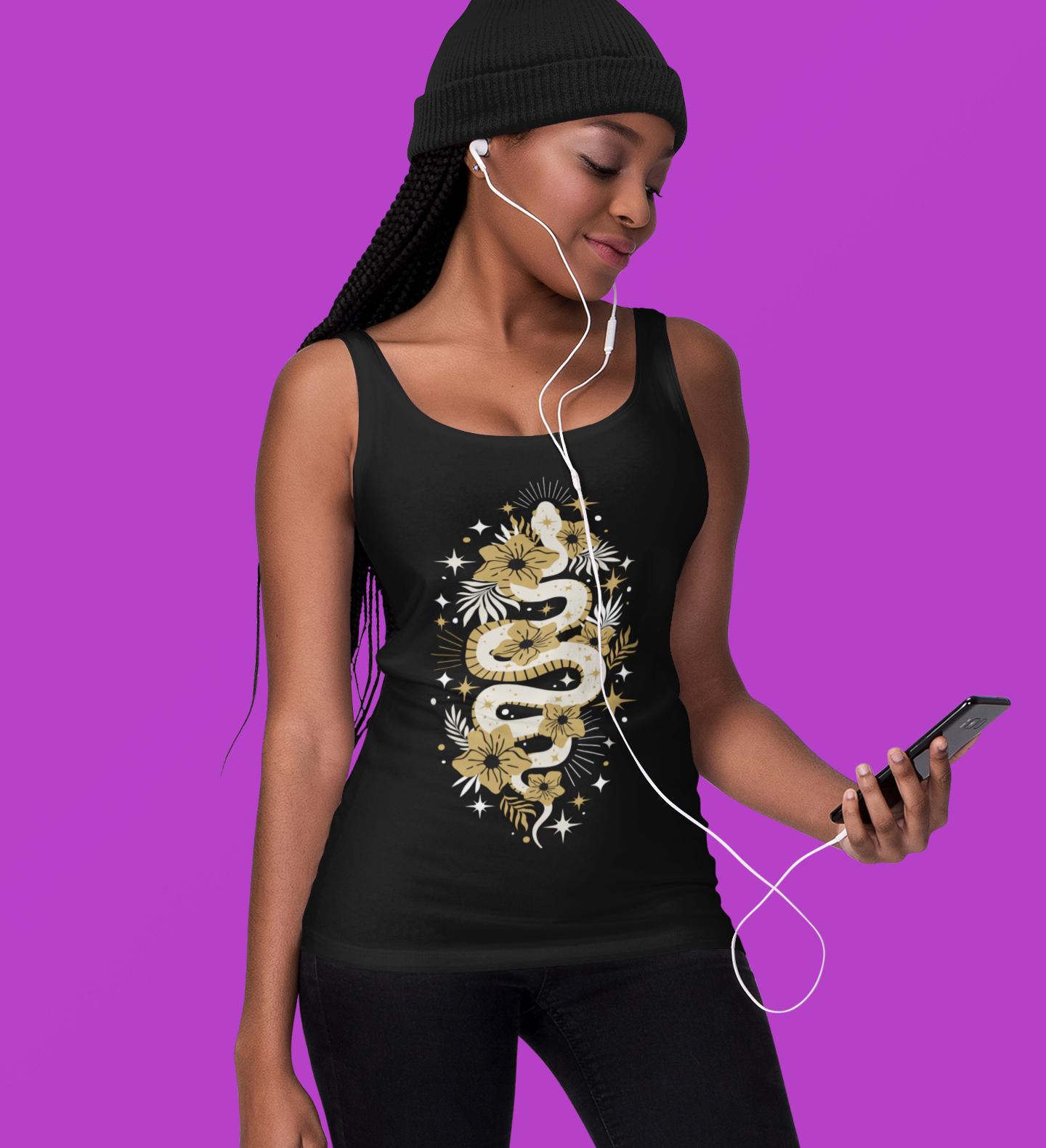 Mystic Golden Snake Women's Racerback Boho Tank Top, Ideal for Bohemian Style, Festival Clothing, Yoga Top, Gift for Her, Summer Fashion
