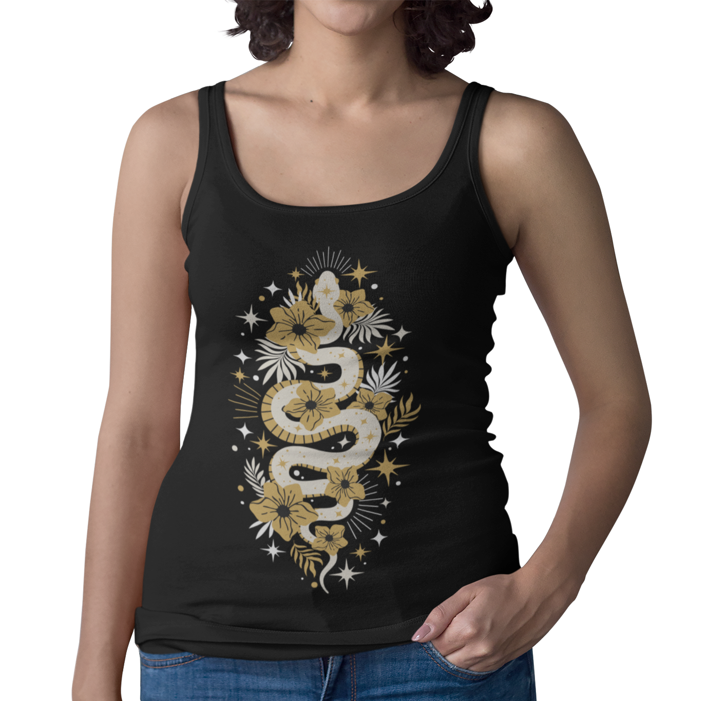 Mystic Golden Snake Women's Racerback Boho Tank Top, Ideal for Bohemian Style, Festival Clothing, Yoga Top, Gift for Her, Summer Fashion