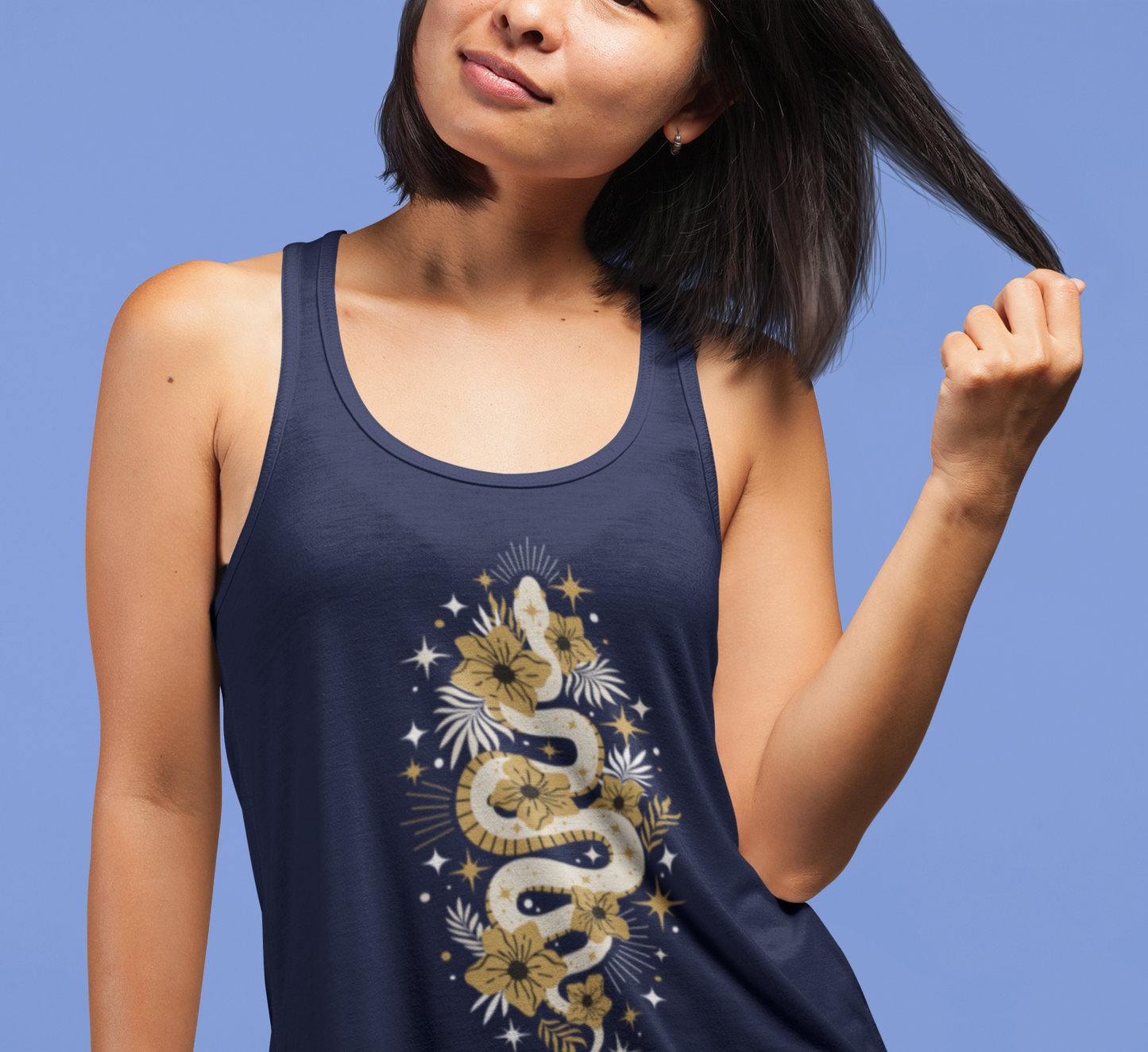 Mystic Golden Snake Women's Racerback Boho Tank Top, Ideal for Bohemian Style, Festival Clothing, Yoga Top, Gift for Her, Summer Fashion