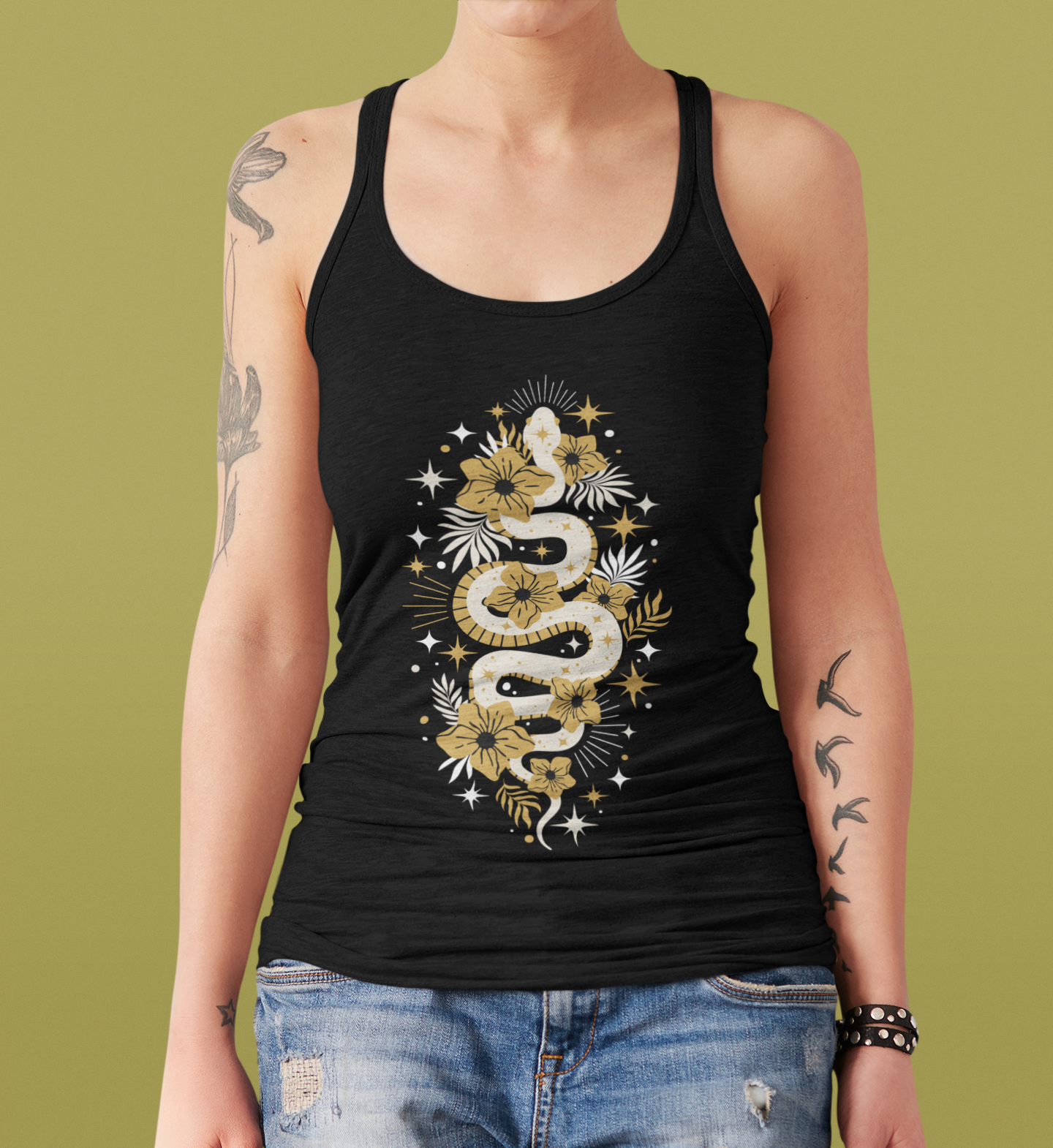 Mystic Golden Snake Women's Racerback Boho Tank Top, Ideal for Bohemian Style, Festival Clothing, Yoga Top, Gift for Her, Summer Fashion