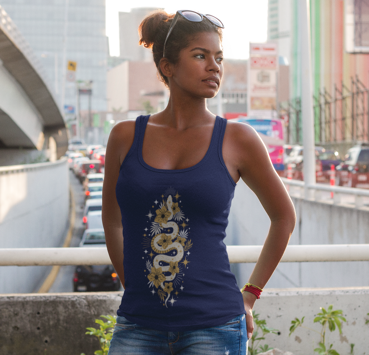 Mystic Golden Snake Women's Racerback Boho Tank Top, Ideal for Bohemian Style, Festival Clothing, Yoga Top, Gift for Her, Summer Fashion