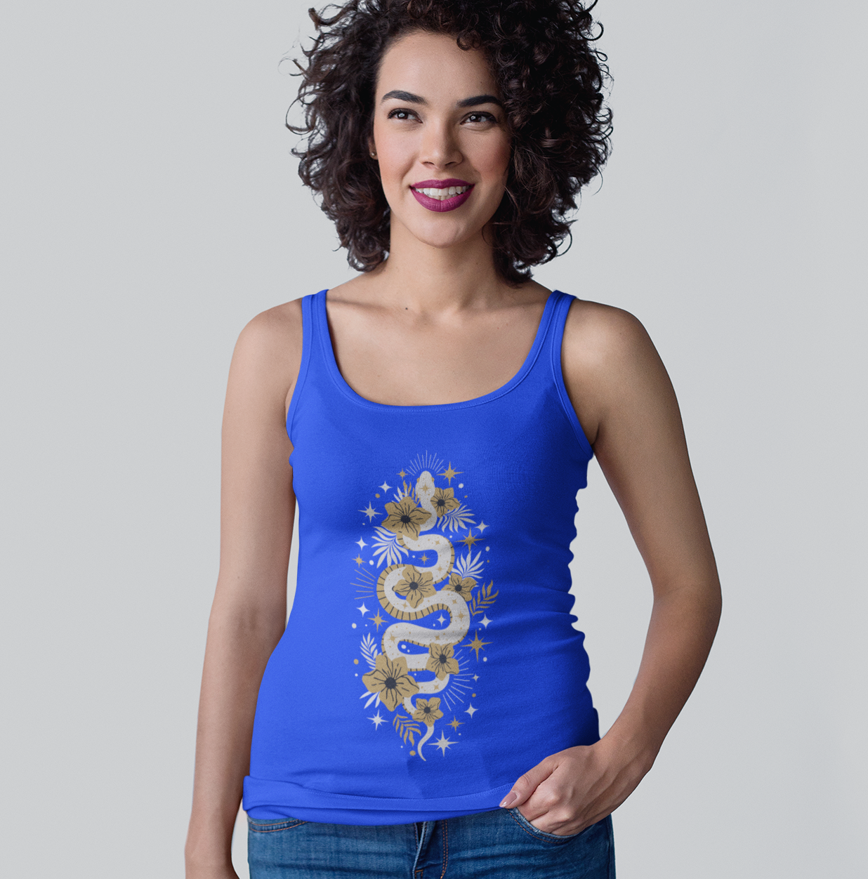 Mystic Golden Snake Women's Racerback Boho Tank Top, Ideal for Bohemian Style, Festival Clothing, Yoga Top, Gift for Her, Summer Fashion