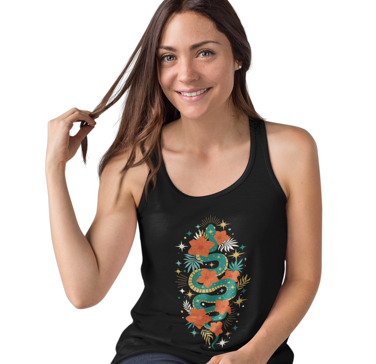 Mystic Jade Snake Women's Racerback Boho Tank Top, Ideal for Bohemian Style, Festival Clothing, Yoga Top, Gift for Her, Summer Fashion