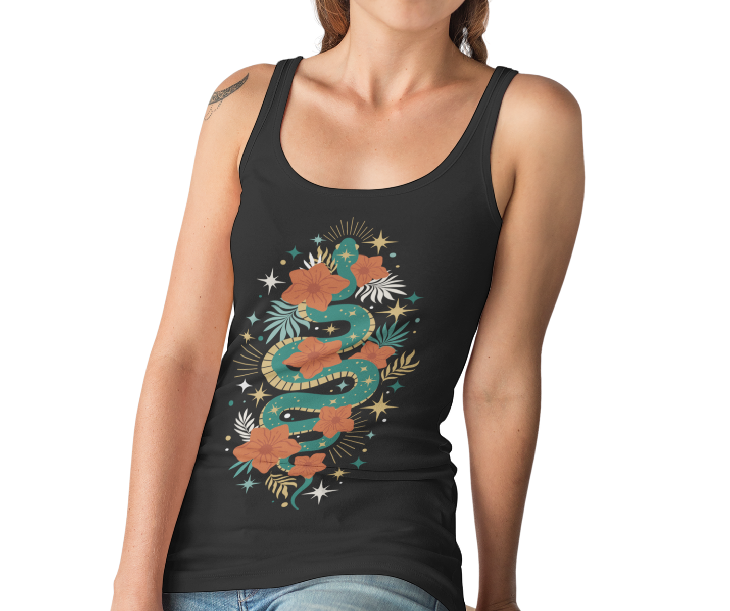 Mystic Jade Snake Women's Racerback Boho Tank Top, Ideal for Bohemian Style, Festival Clothing, Yoga Top, Gift for Her, Summer Fashion