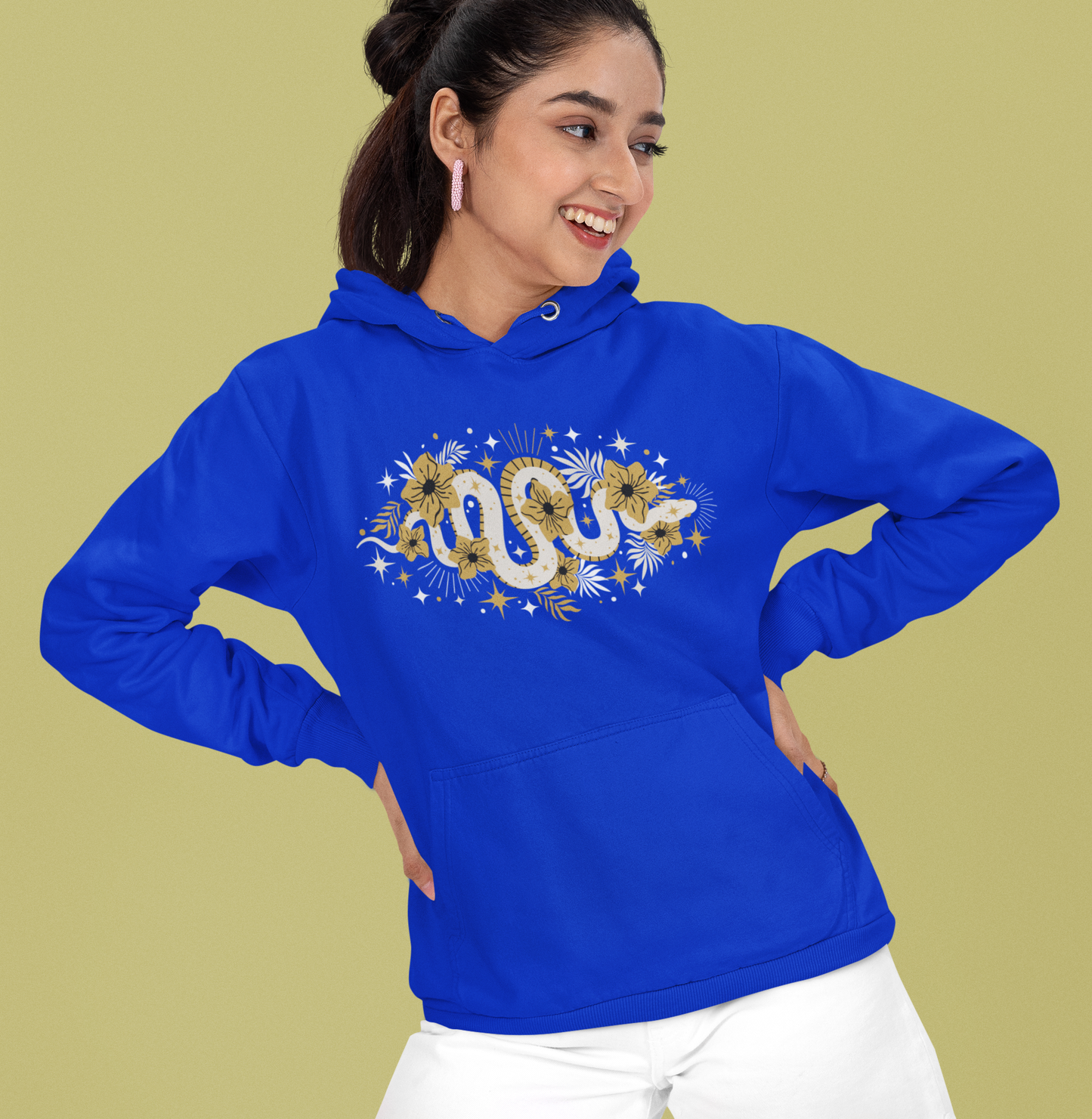 Mystic Gold Snake & Flower Unisex Hoodie, Boho Pullover Hooded Sweatshirt, Bohemian Witchy Snake Print Hoodies