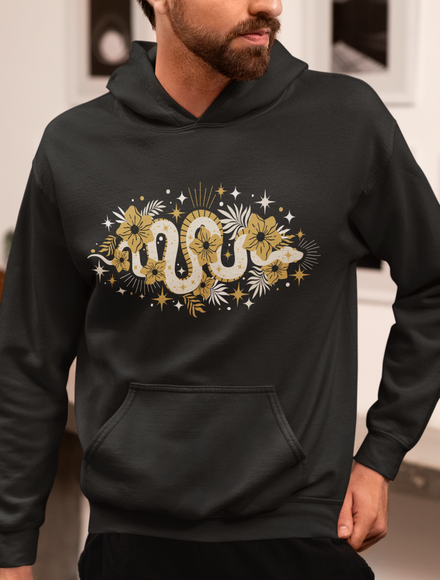 Mystic Gold Snake & Flower Unisex Hoodie, Boho Pullover Hooded Sweatshirt, Bohemian Witchy Snake Print Hoodies