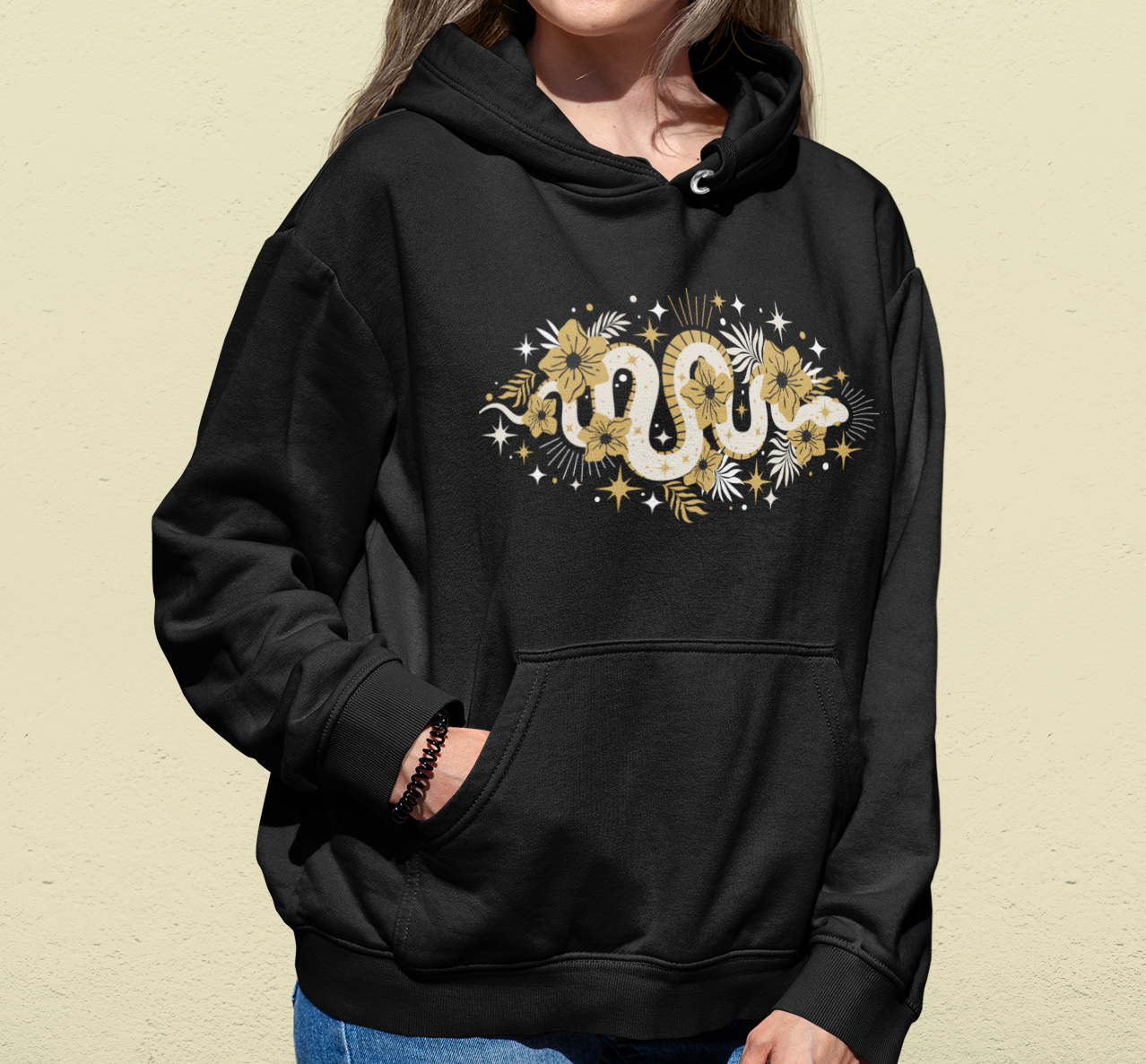 Mystic Gold Snake & Flower Unisex Hoodie, Boho Pullover Hooded Sweatshirt, Bohemian Witchy Snake Print Hoodies