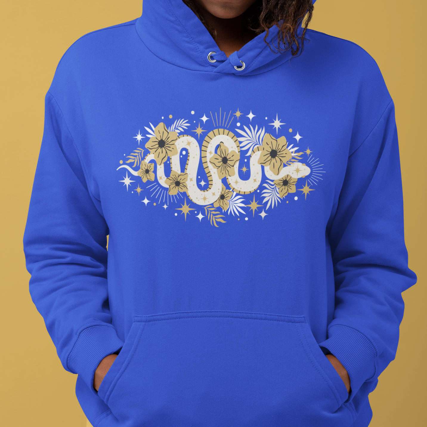 Mystic Gold Snake & Flower Unisex Hoodie, Boho Pullover Hooded Sweatshirt, Bohemian Witchy Snake Print Hoodies