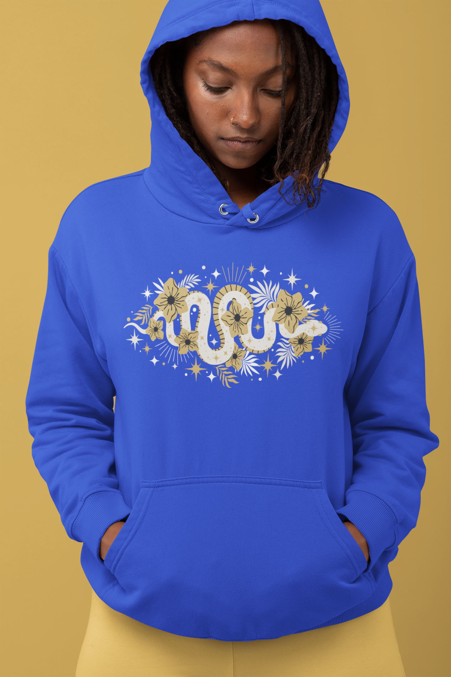 Mystic Gold Snake & Flower Unisex Hoodie, Boho Pullover Hooded Sweatshirt, Bohemian Witchy Snake Print Hoodies