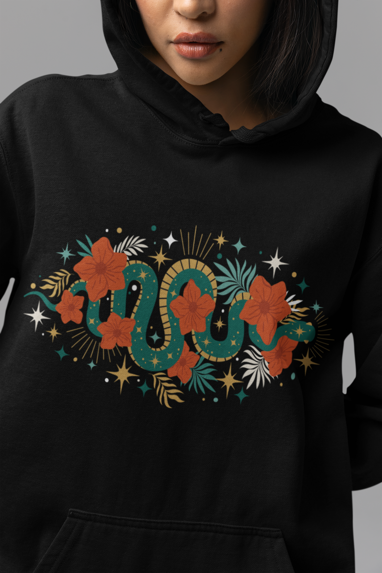 Mystic Jade Snake & Flower Unisex Hoodie, Boho Pullover Hooded Sweatshirt, Bohemian Witchy Snake Print Hoodies
