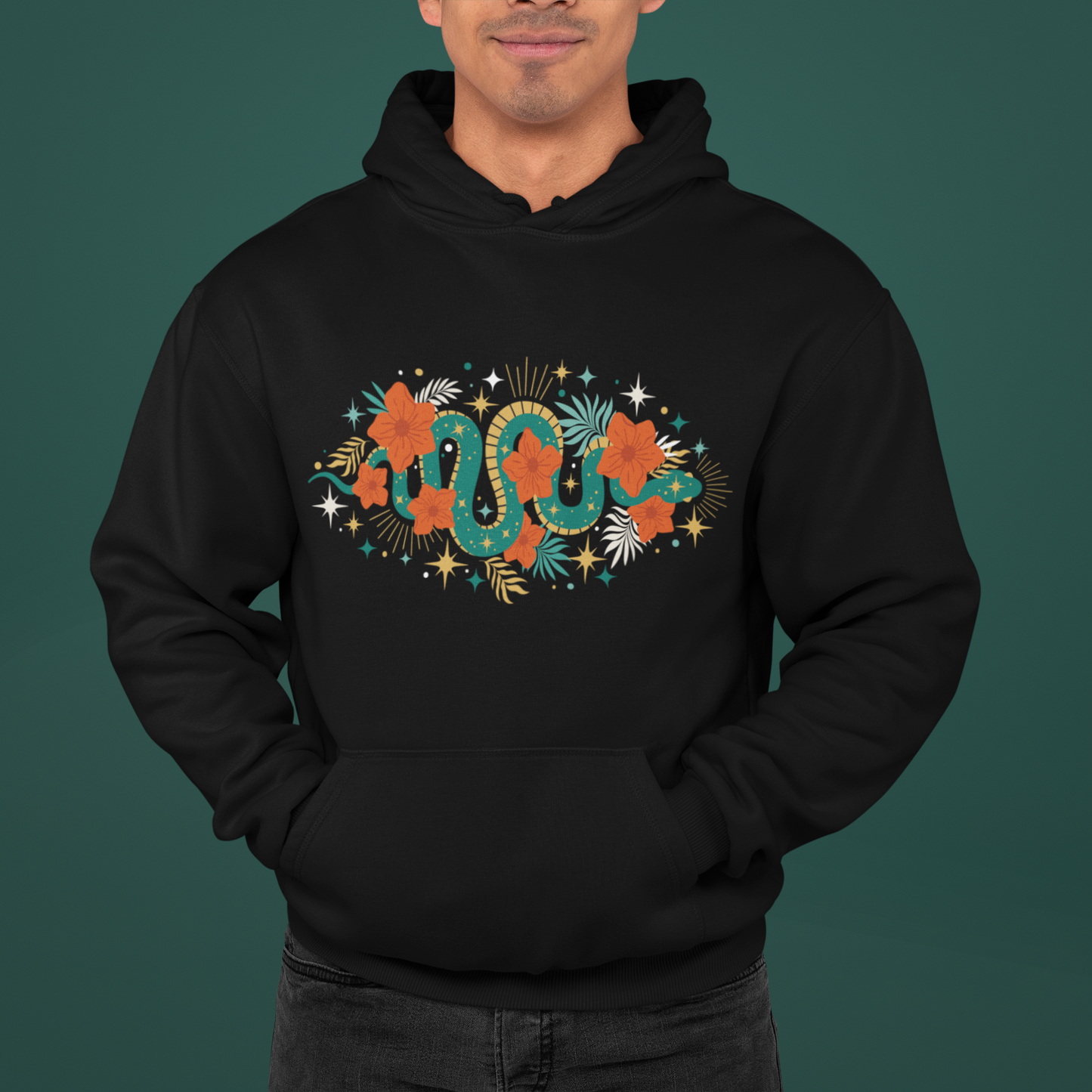 Mystic Jade Snake & Flower Unisex Hoodie, Boho Pullover Hooded Sweatshirt, Bohemian Witchy Snake Print Hoodies