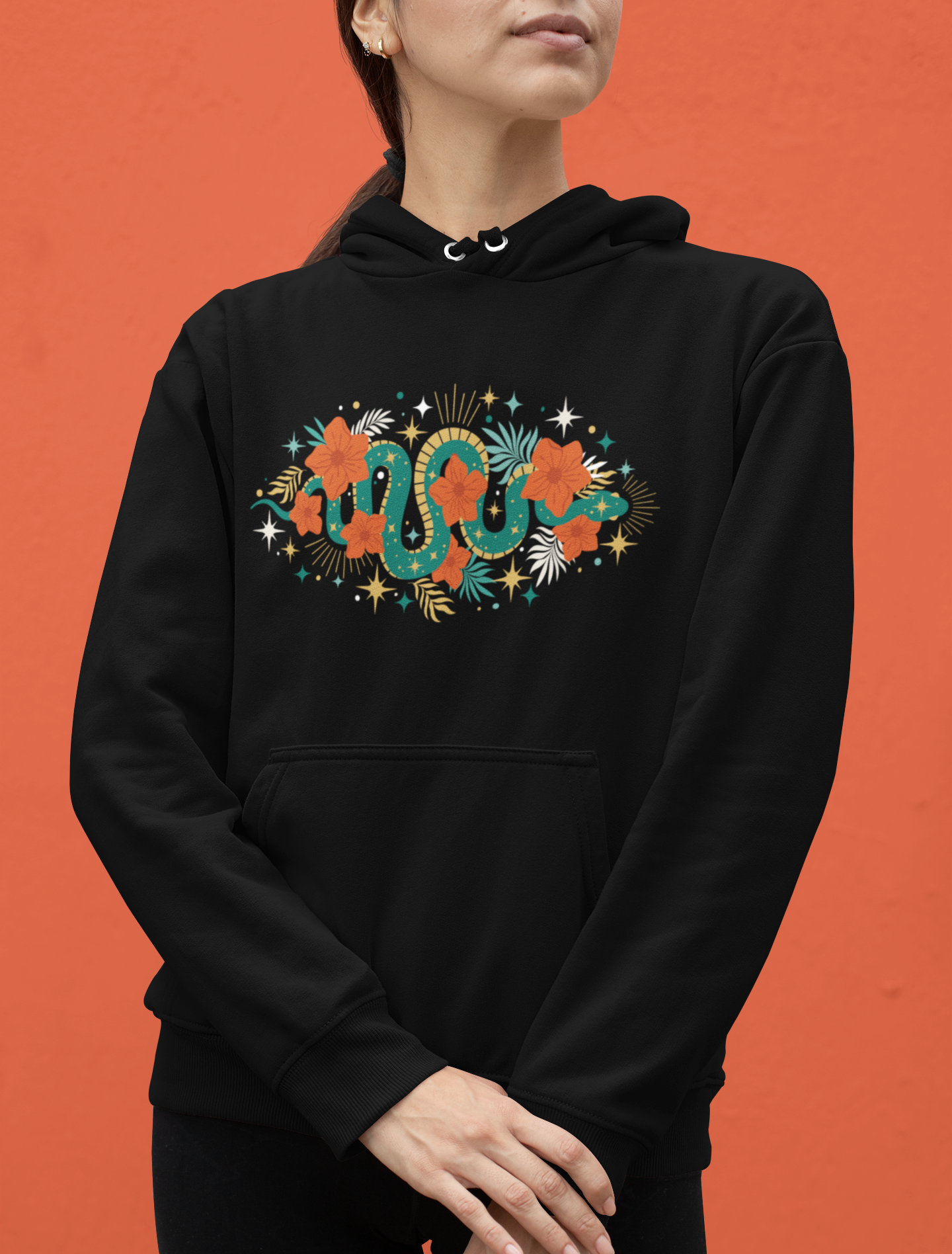 Mystic Jade Snake & Flower Unisex Hoodie, Boho Pullover Hooded Sweatshirt, Bohemian Witchy Snake Print Hoodies