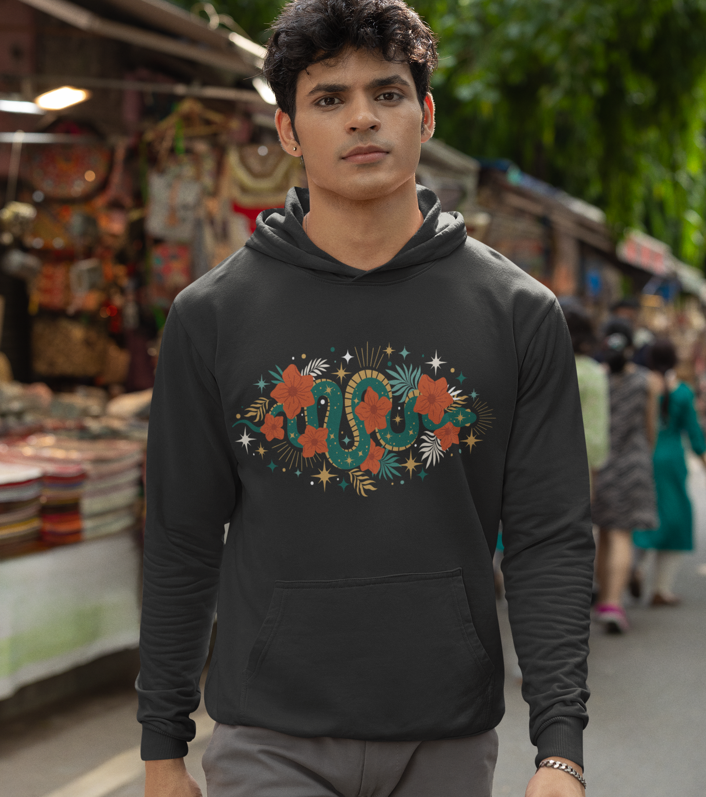 Mystic Jade Snake & Flower Unisex Hoodie, Boho Pullover Hooded Sweatshirt, Bohemian Witchy Snake Print Hoodies