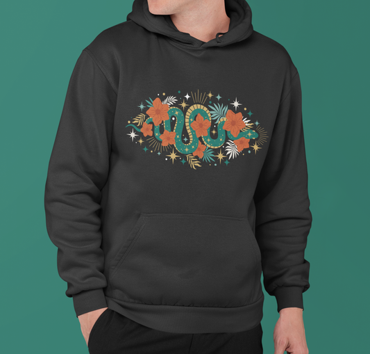 Mystic Jade Snake & Flower Unisex Hoodie, Boho Pullover Hooded Sweatshirt, Bohemian Witchy Snake Print Hoodies