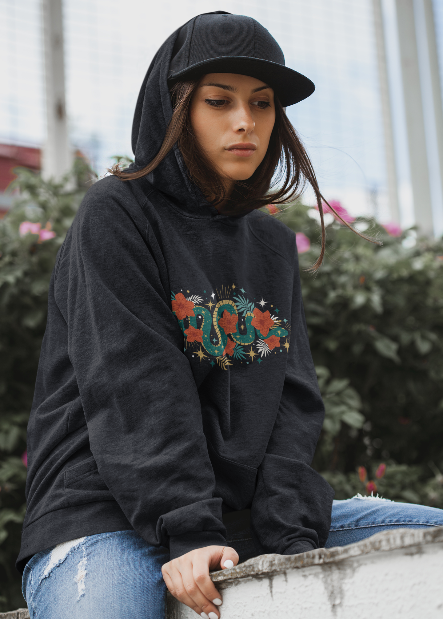 Mystic Jade Snake & Flower Unisex Hoodie, Boho Pullover Hooded Sweatshirt, Bohemian Witchy Snake Print Hoodies