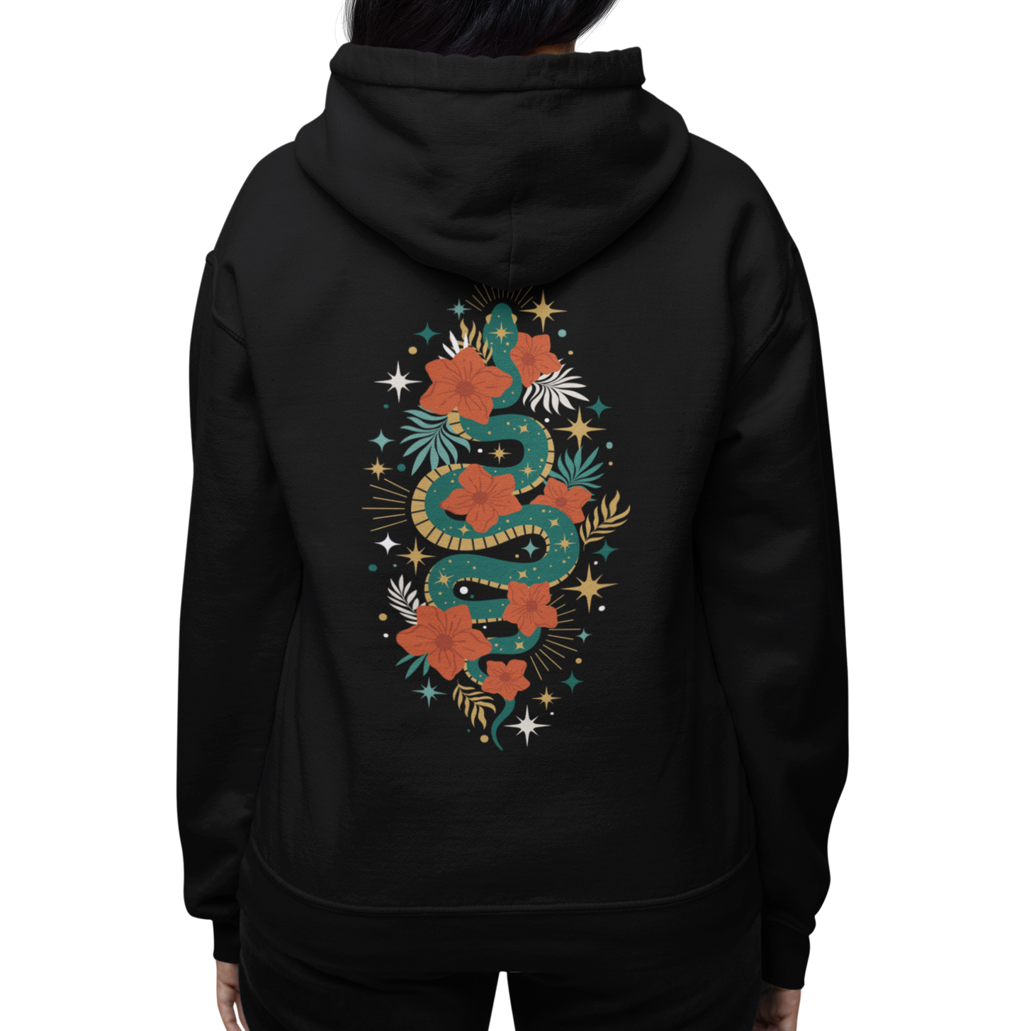 Mystic Jade Snake Zip Up Hoodie - Full Zip Hooded Sweatshirt Jacket, Boho Floral Serpent Design Zipper Hoodies Mens Womens Sweatshirts