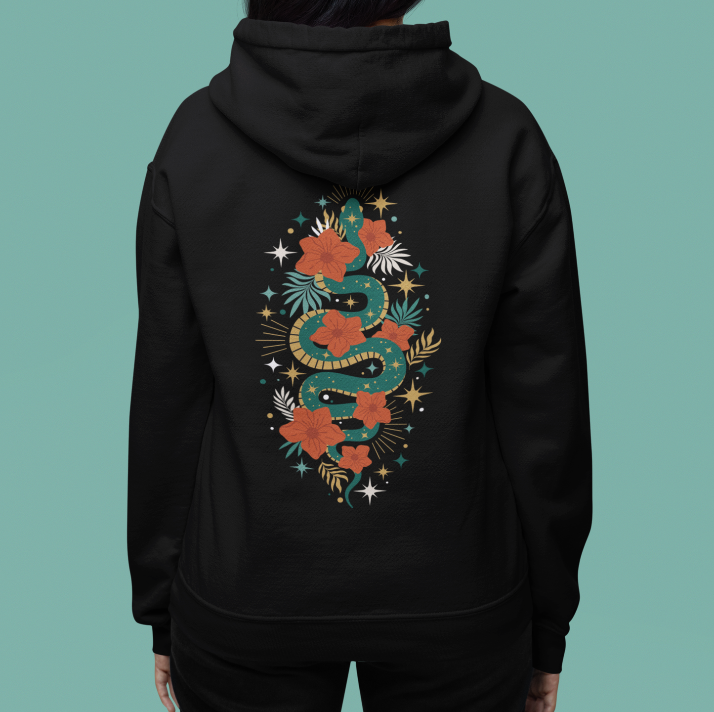 Mystic Jade Snake Zip Up Hoodie - Full Zip Hooded Sweatshirt Jacket, Boho Floral Serpent Design Zipper Hoodies Mens Womens Sweatshirts