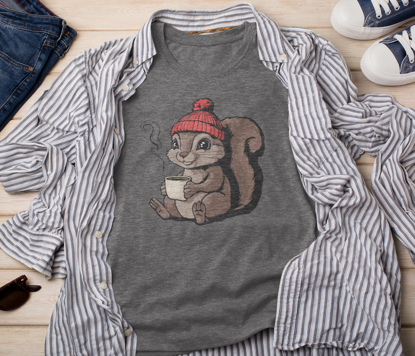 Cozy Squirrel T-shirt, Fall Autumn Squirrels Graphic Tee Shirts Men Women Unisex Short Sleeve Cotton Top