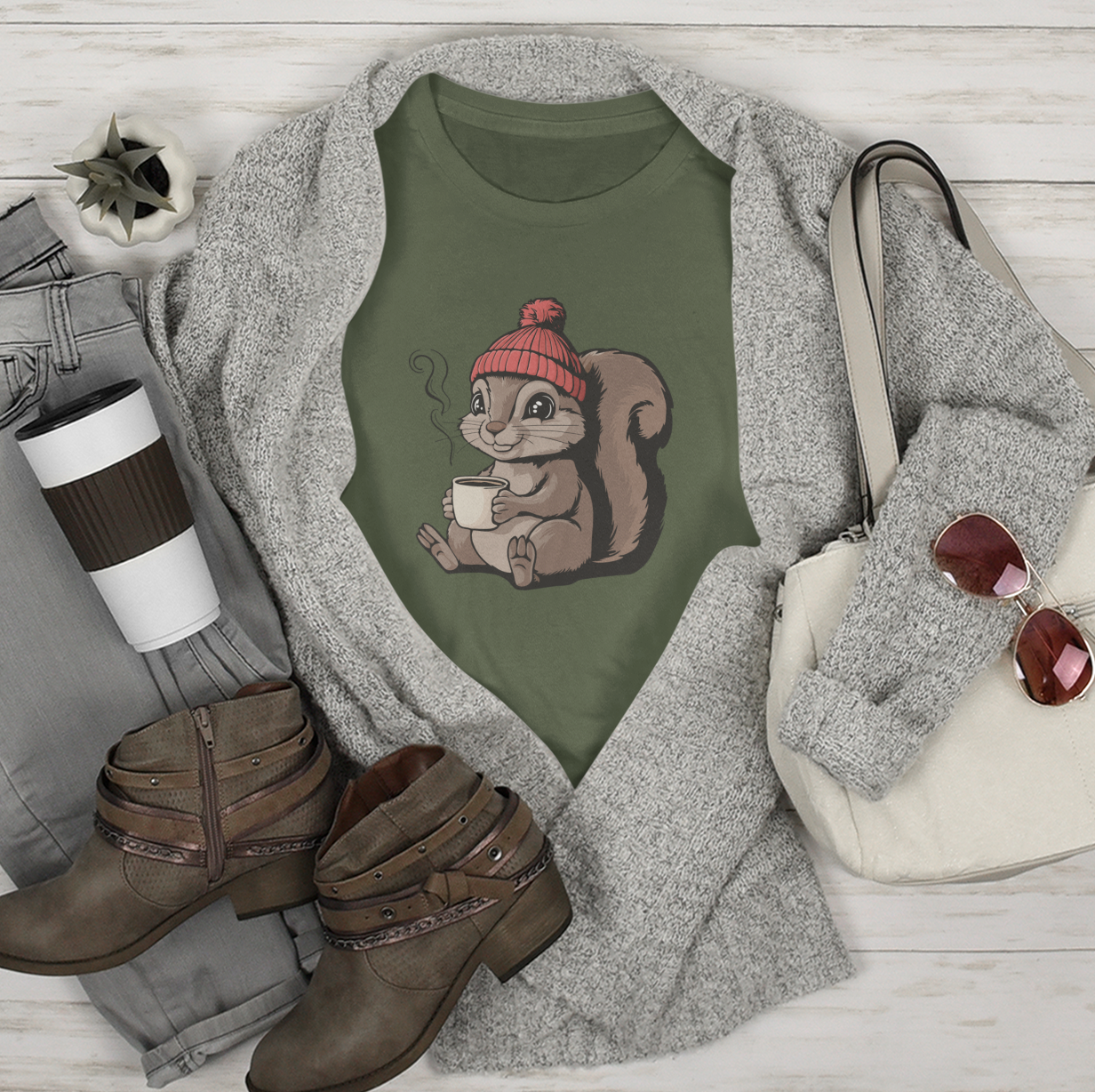 Cozy Squirrel Women's Soft T-shirt Softstyle Tee with Squirrel in Beanie with Cup Of Coffee Graphic Print