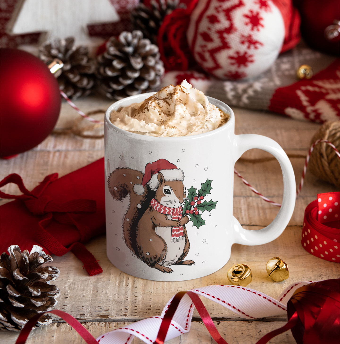 Christmas Squirrel Ceramic Mug, Festive Holiday Xmas Santa Squirrels Coffee Mug, Cute Snowy Winter Animal Tea Hot Chocolate Mug