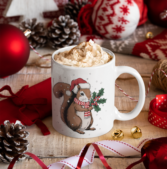 Christmas Squirrel Ceramic Mug, Festive Holiday Xmas Santa Squirrels Coffee Mug, Cute Snowy Winter Animal Tea Hot Chocolate Mug