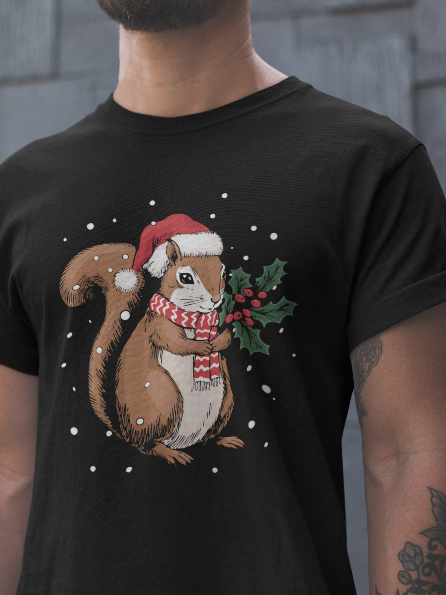 Christmas Squirrel T-Shirt, Festive Holiday Xmas Squirrels In Santa Hat Cotton Tee, Cute Snowy Winter Animal Short Sleeve Top Unisex