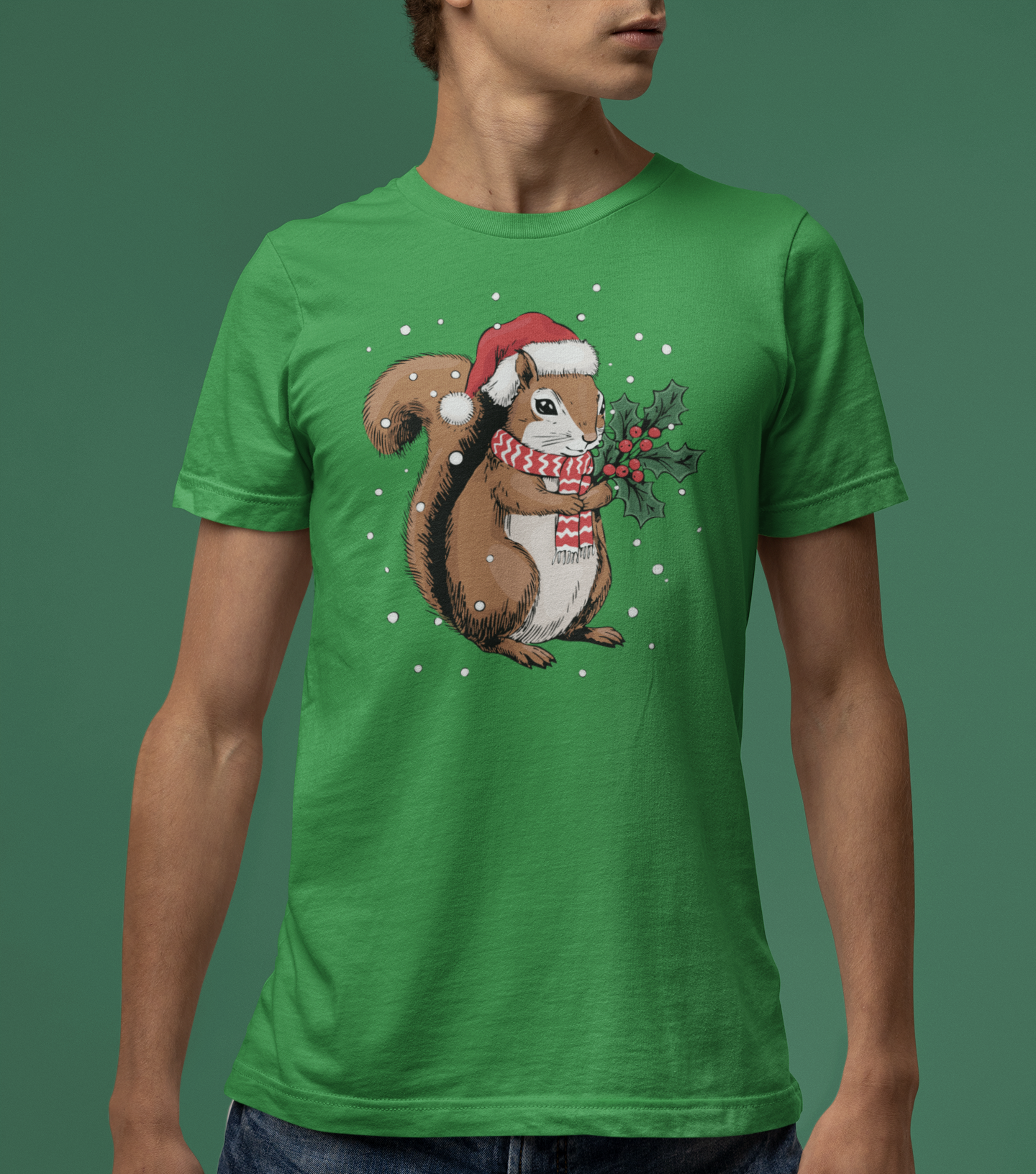 Christmas Squirrel T-Shirt, Festive Holiday Xmas Squirrels In Santa Hat Cotton Tee, Cute Snowy Winter Animal Short Sleeve Top Unisex