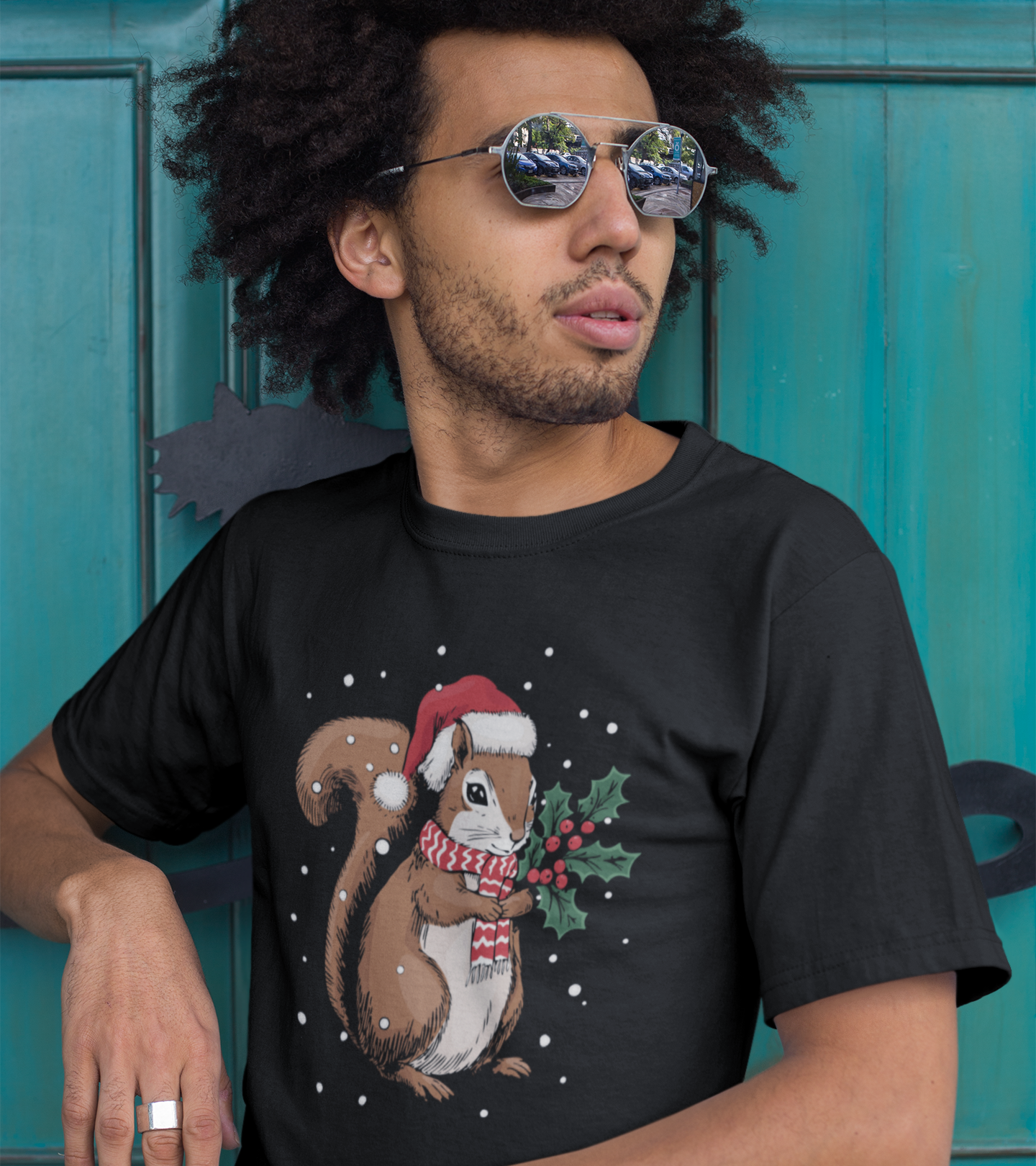 Christmas Squirrel T-Shirt, Festive Holiday Xmas Squirrels In Santa Hat Cotton Tee, Cute Snowy Winter Animal Short Sleeve Top Unisex