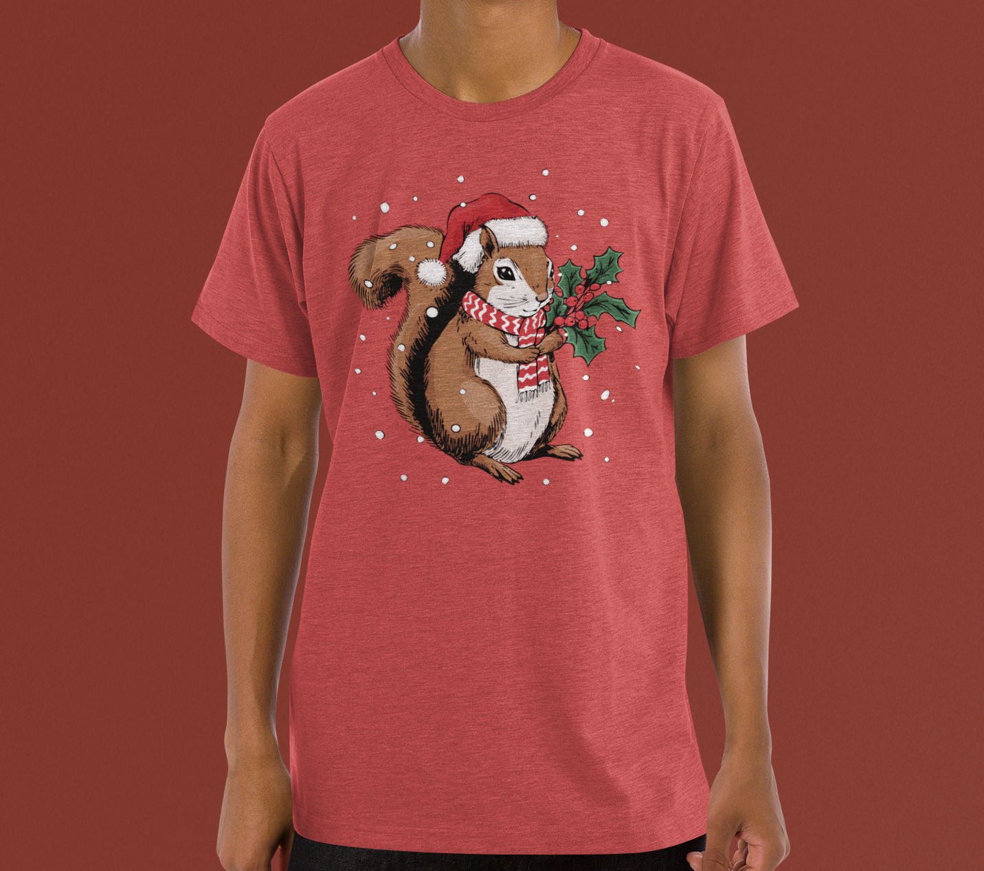 Christmas Squirrel T-Shirt, Festive Holiday Xmas Squirrels In Santa Hat Cotton Tee, Cute Snowy Winter Animal Short Sleeve Top Unisex