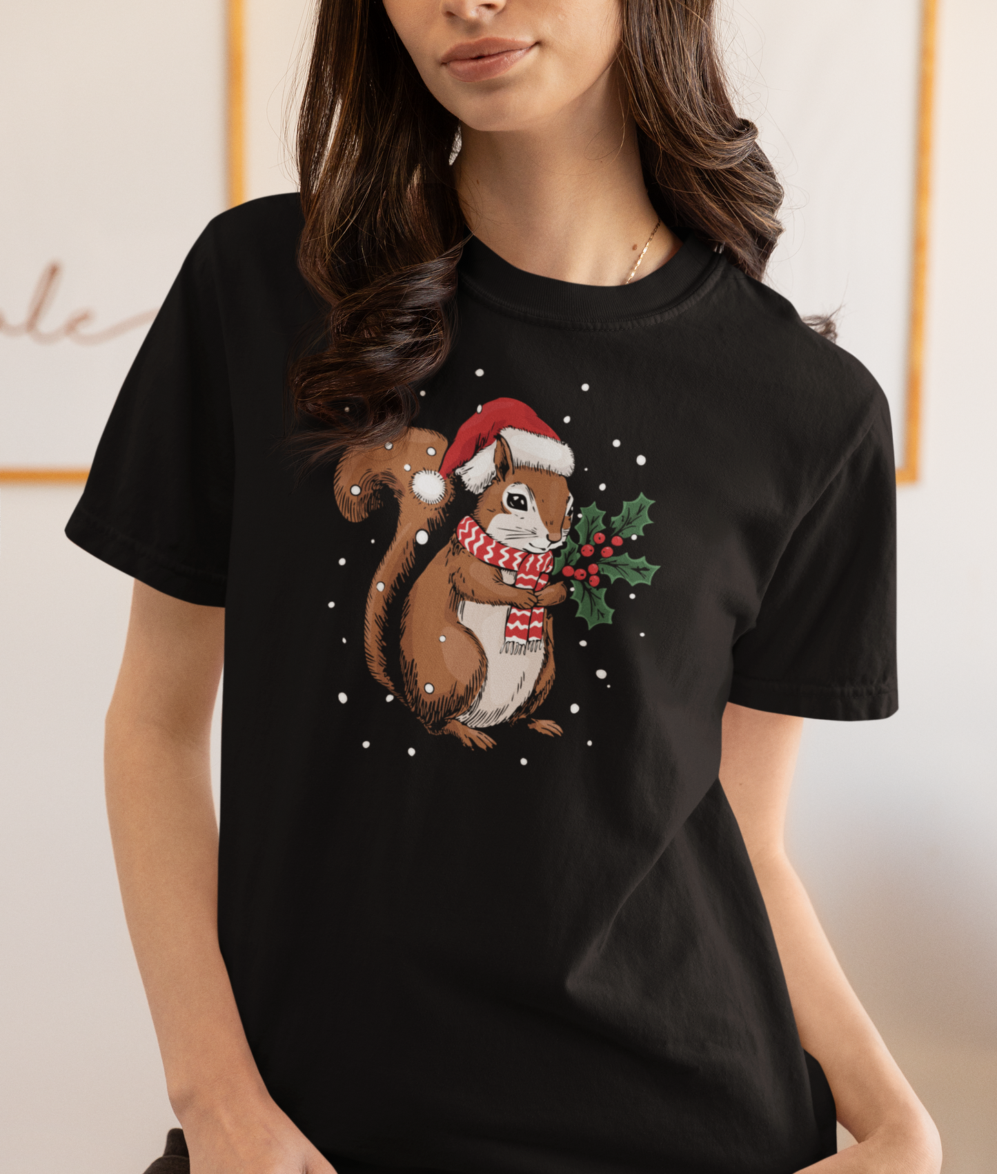 Christmas Squirrel T-Shirt, Festive Holiday Xmas Squirrels In Santa Hat Cotton Tee, Cute Snowy Winter Animal Short Sleeve Top Unisex
