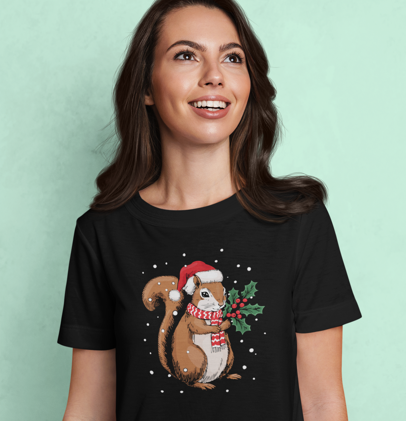 Christmas Squirrel T-Shirt, Festive Holiday Xmas Squirrels In Santa Hat Cotton Tee, Cute Snowy Winter Animal Short Sleeve Top Unisex