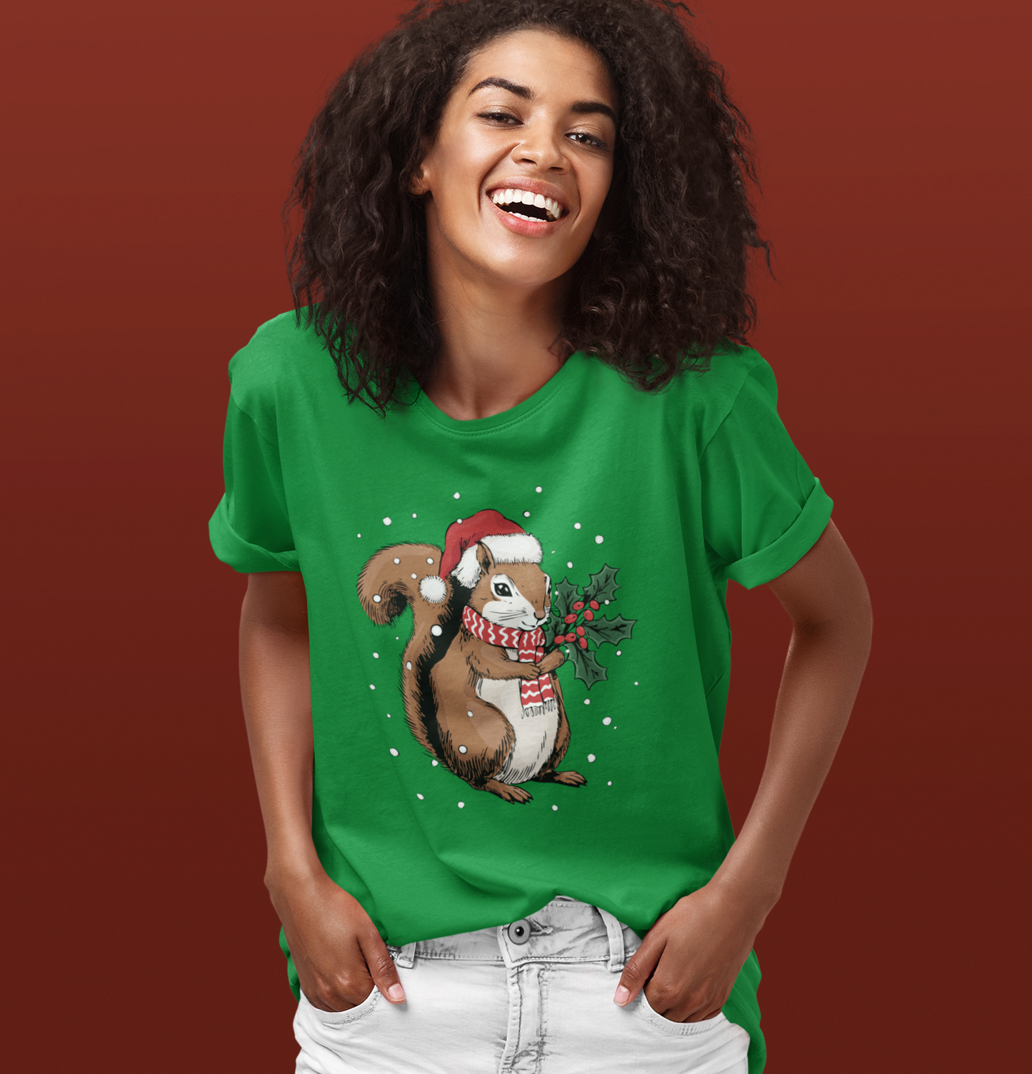 Christmas Squirrel T-Shirt, Festive Holiday Xmas Squirrels In Santa Hat Cotton Tee, Cute Snowy Winter Animal Short Sleeve Top Unisex
