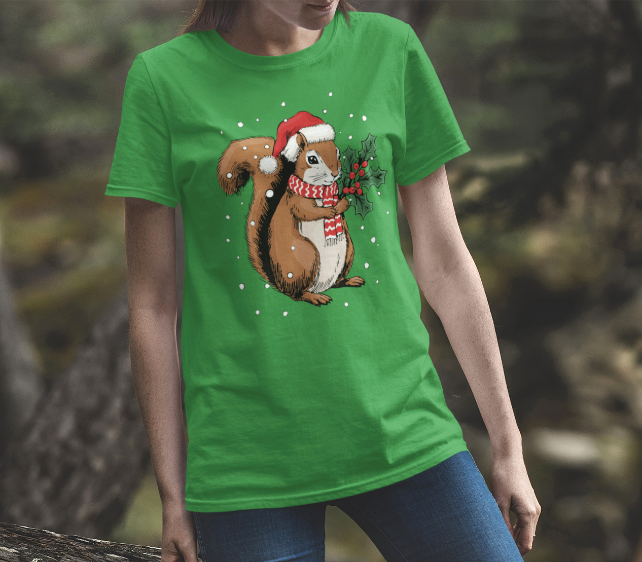 Christmas Squirrel T-Shirt, Festive Holiday Xmas Squirrels In Santa Hat Cotton Tee, Cute Snowy Winter Animal Short Sleeve Top Unisex