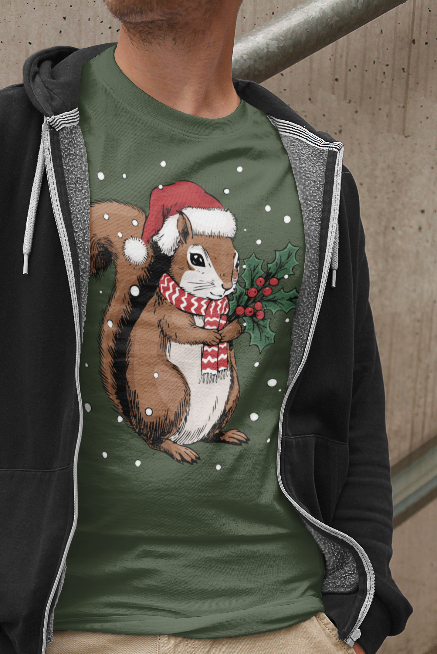 Christmas Squirrel T-Shirt, Festive Holiday Xmas Squirrels In Santa Hat Cotton Tee, Cute Snowy Winter Animal Short Sleeve Top Unisex