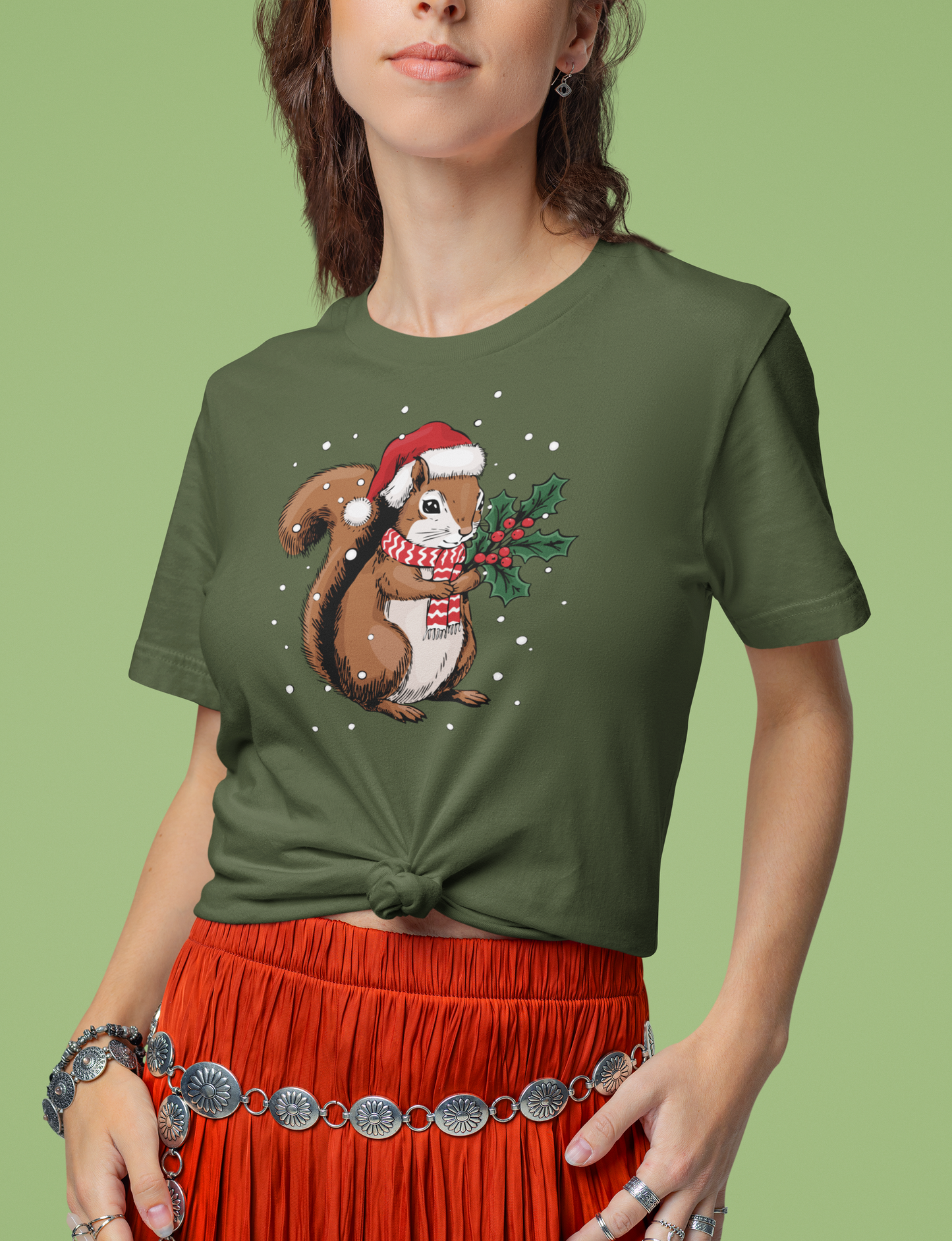 Christmas Squirrel T-Shirt, Festive Holiday Xmas Squirrels In Santa Hat Cotton Tee, Cute Snowy Winter Animal Short Sleeve Top Unisex