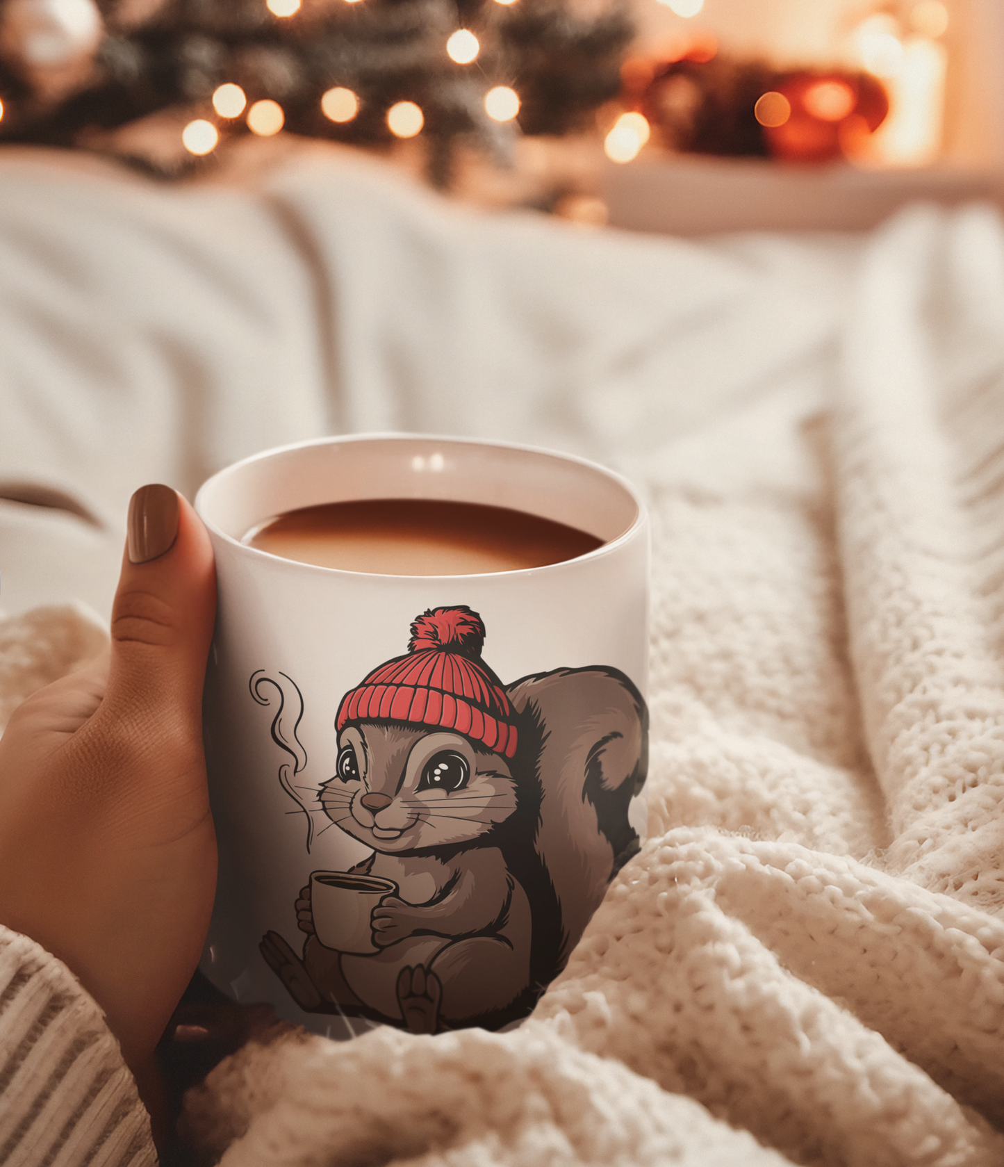 Cozy Squirrel Ceramic Coffee Mug 11oz with Squirrels in Beanie with Cup Of Coffee Graphic Print Autumn Winter Kitchen Gifts