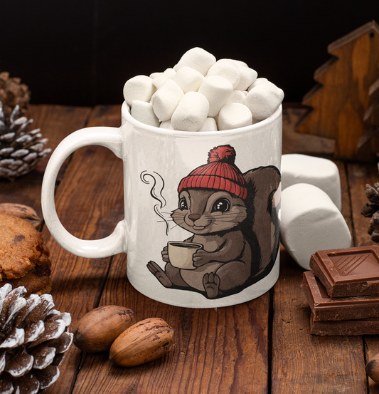 Cozy Squirrel Ceramic Coffee Mug 11oz with Squirrels in Beanie with Cup Of Coffee Graphic Print Autumn Winter Kitchen Gifts